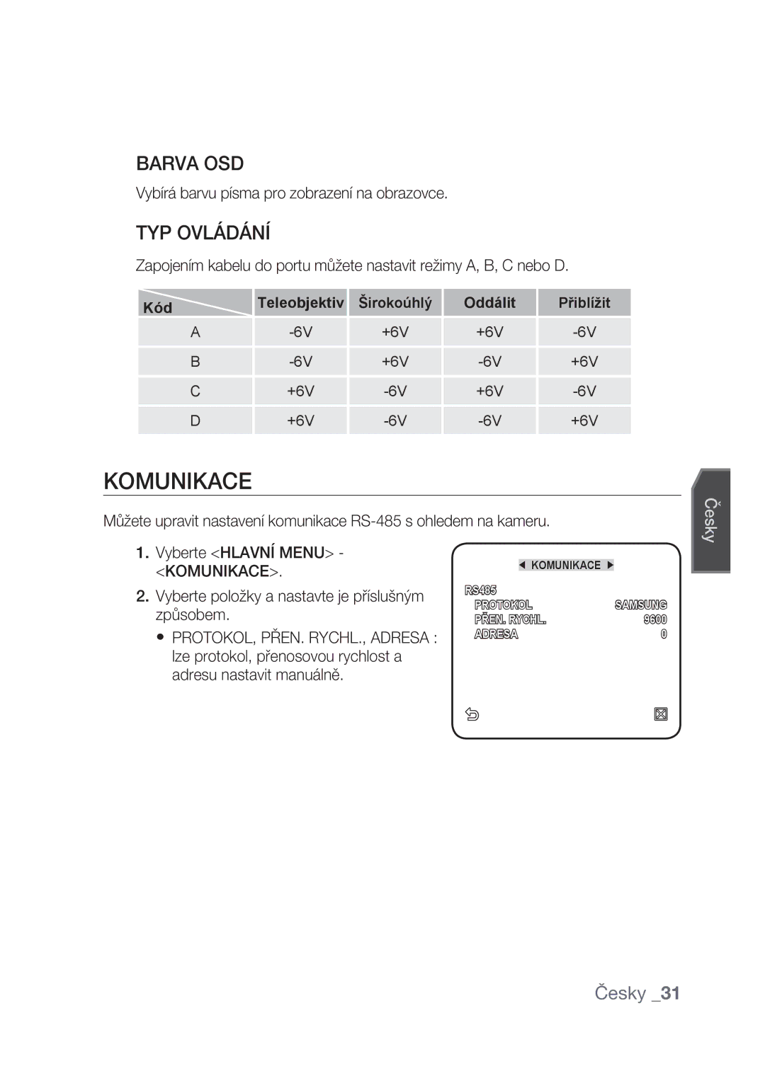 Samsung SCC-C4239P, SCC-C4237P manual Komunikace, Barva OSD, TYP Ovládání, Vybírá barvu písma pro zobrazení na obrazovce 