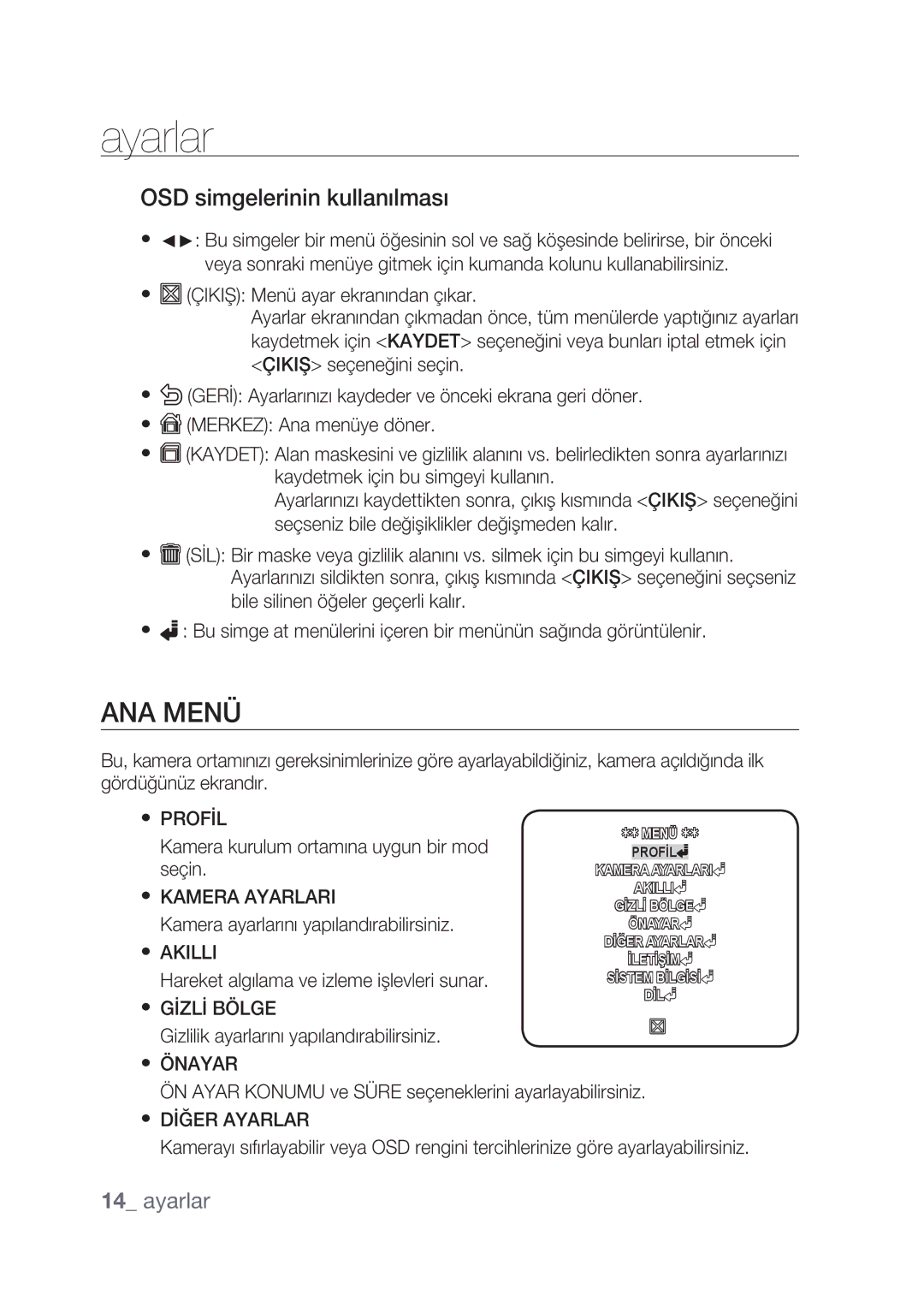 Samsung SCC-C4237P, SCC-C4239P manual Ayarlar, ANA Menü, OSD simgelerinin kullanılması 