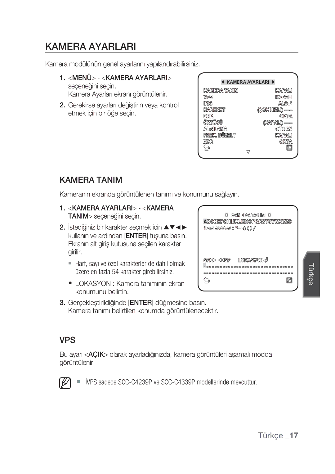 Samsung SCC-C4239P, SCC-C4237P Kamera Ayarlari, Kamera Tanim, Kameranın ekranda görüntülenen tanımı ve konumunu sağlayın 