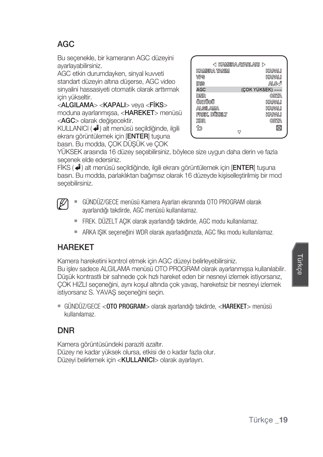 Samsung SCC-C4239P, SCC-C4237P manual Hareket, Bu seçenekle, bir kameranın AGC düzeyini 