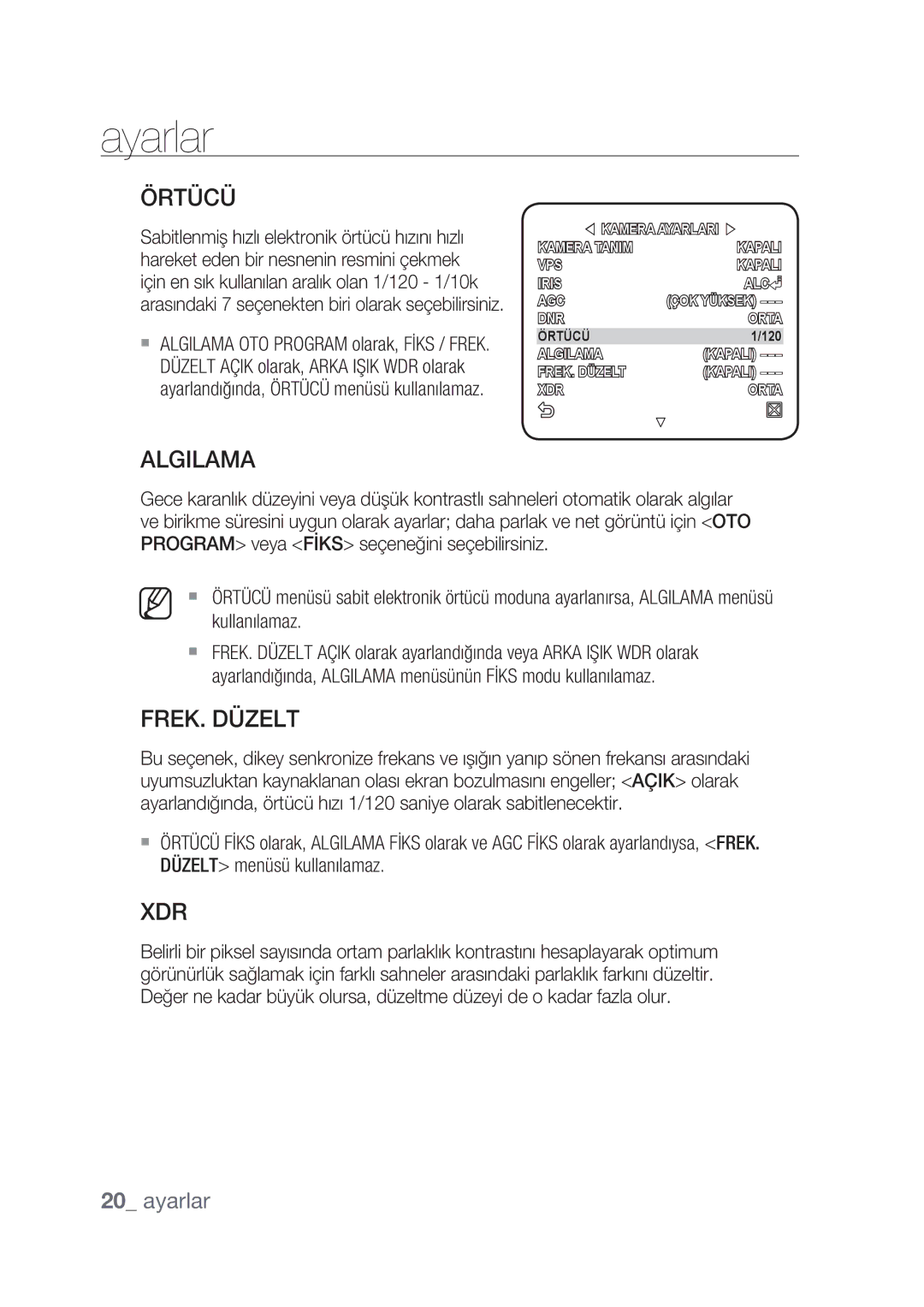 Samsung SCC-C4237P, SCC-C4239P manual Örtücü, Algilama, FREK. Düzelt 