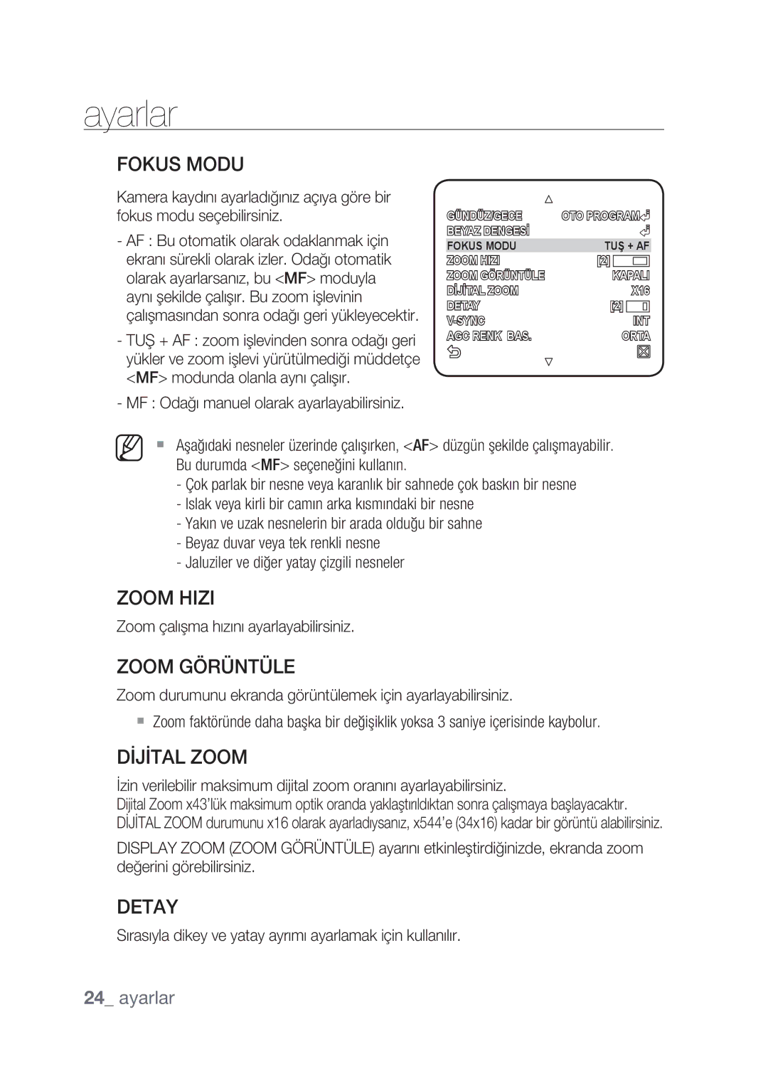 Samsung SCC-C4237P, SCC-C4239P manual Fokus Modu, Zoom Hizi, Zoom Görüntüle, Dİjİtal Zoom, Detay 