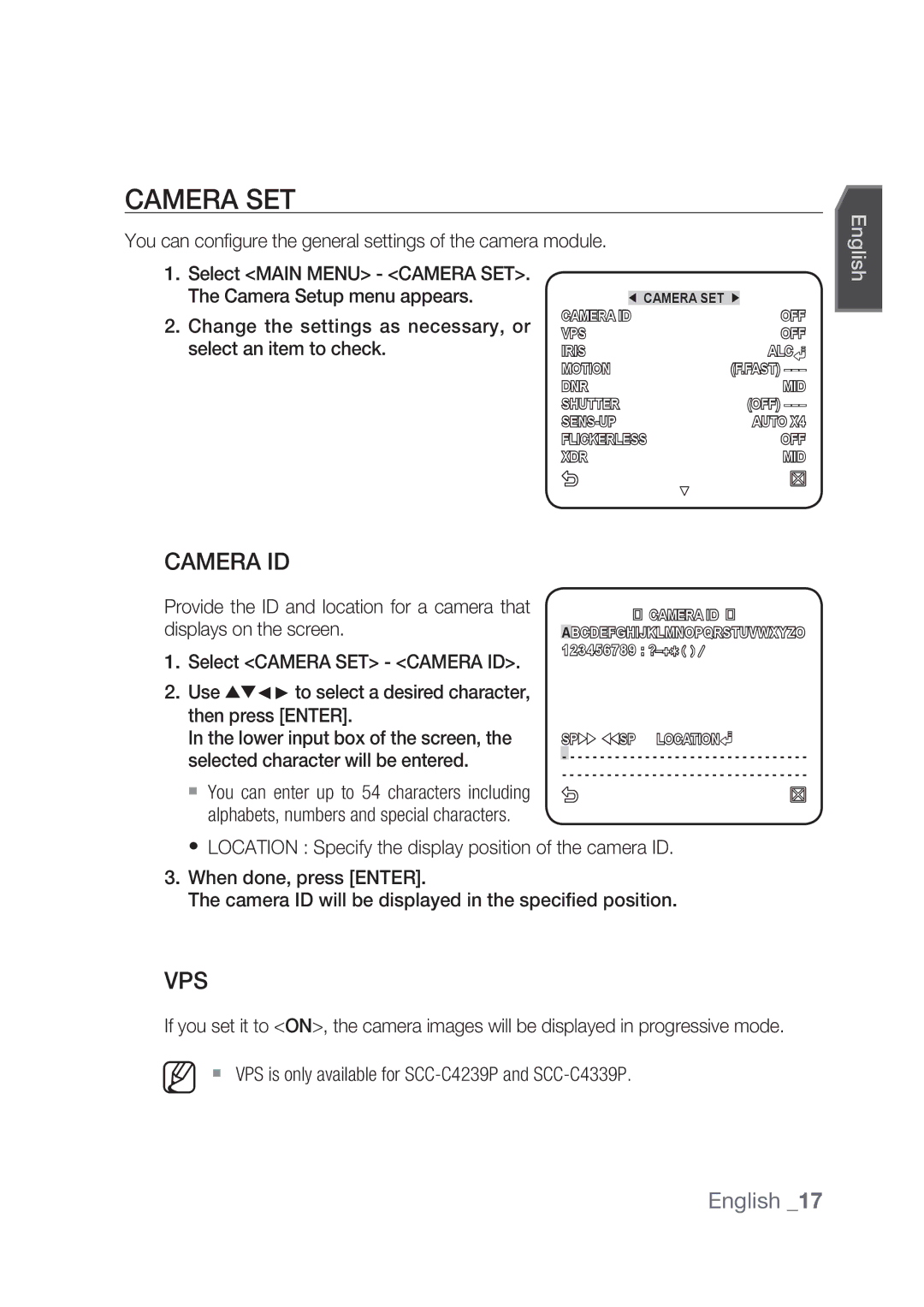 Samsung SCC-C4237P, SCC-C4239P manual Camera SET, Camera ID, Vps 