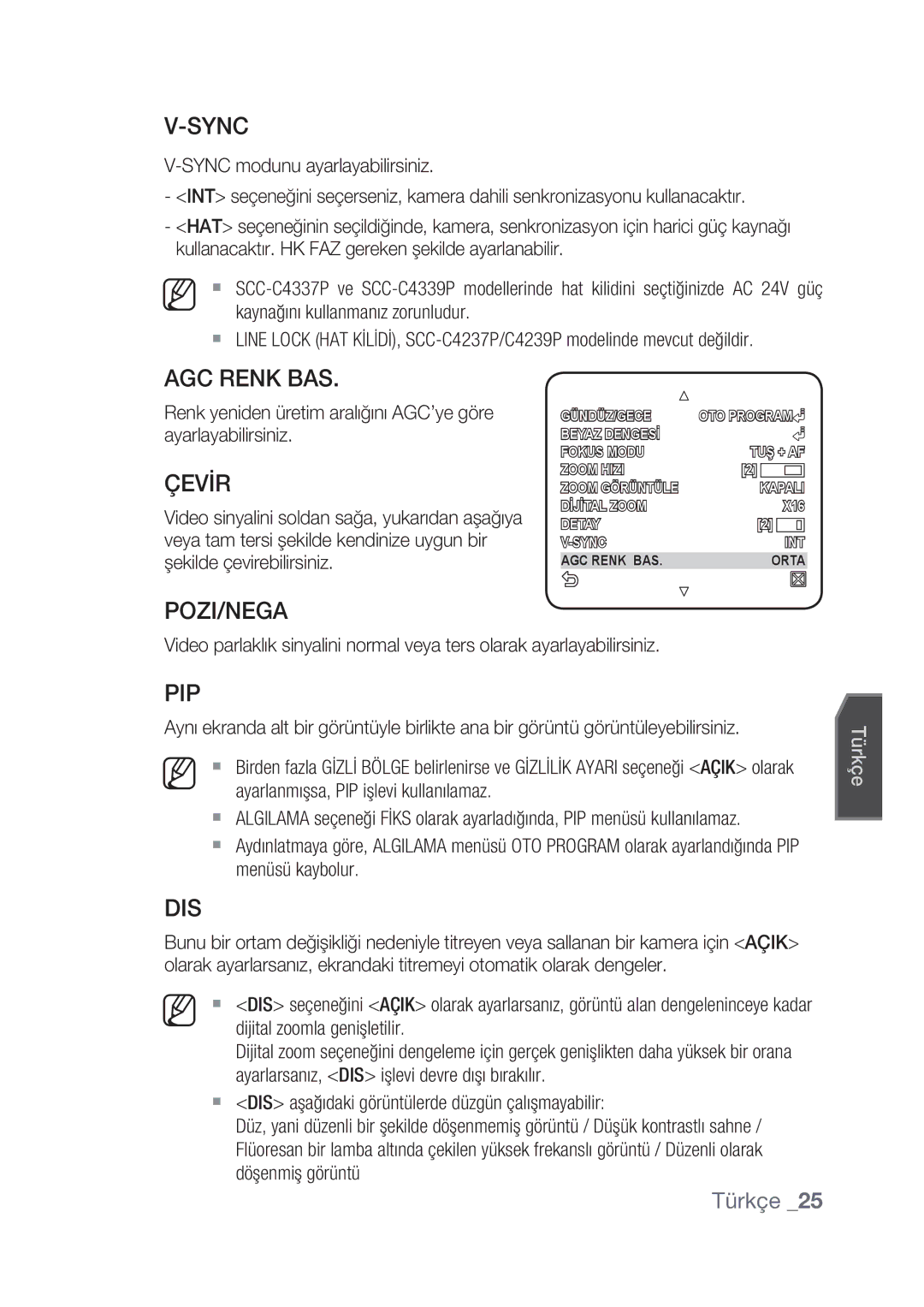 Samsung SCC-C4239P, SCC-C4237P manual AGC Renk BAS, Çevİr 