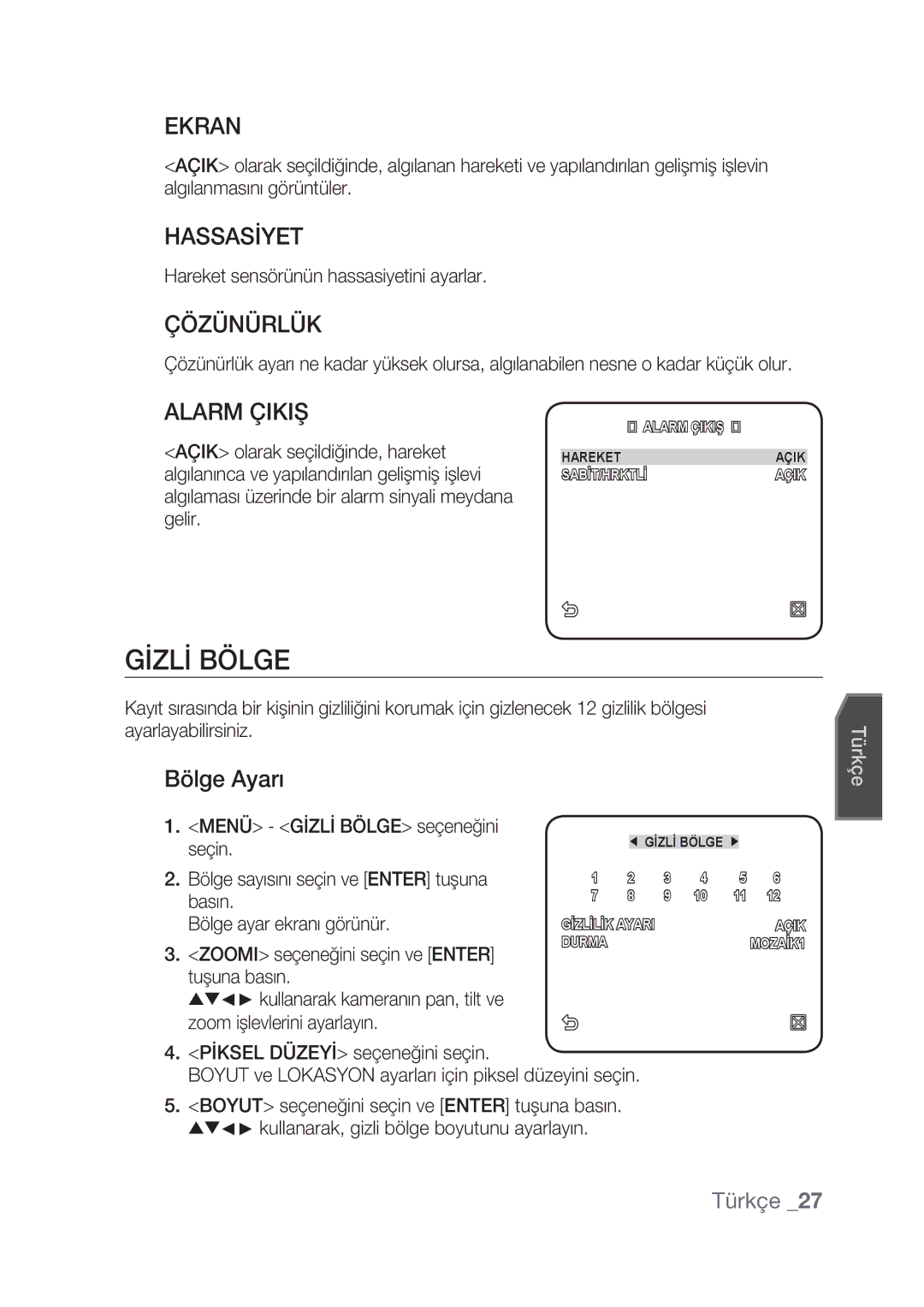 Samsung SCC-C4239P, SCC-C4237P manual Gİzlİ Bölge, Ekran, Hassasİyet, Çözünürlük, Alarm Çikiş 