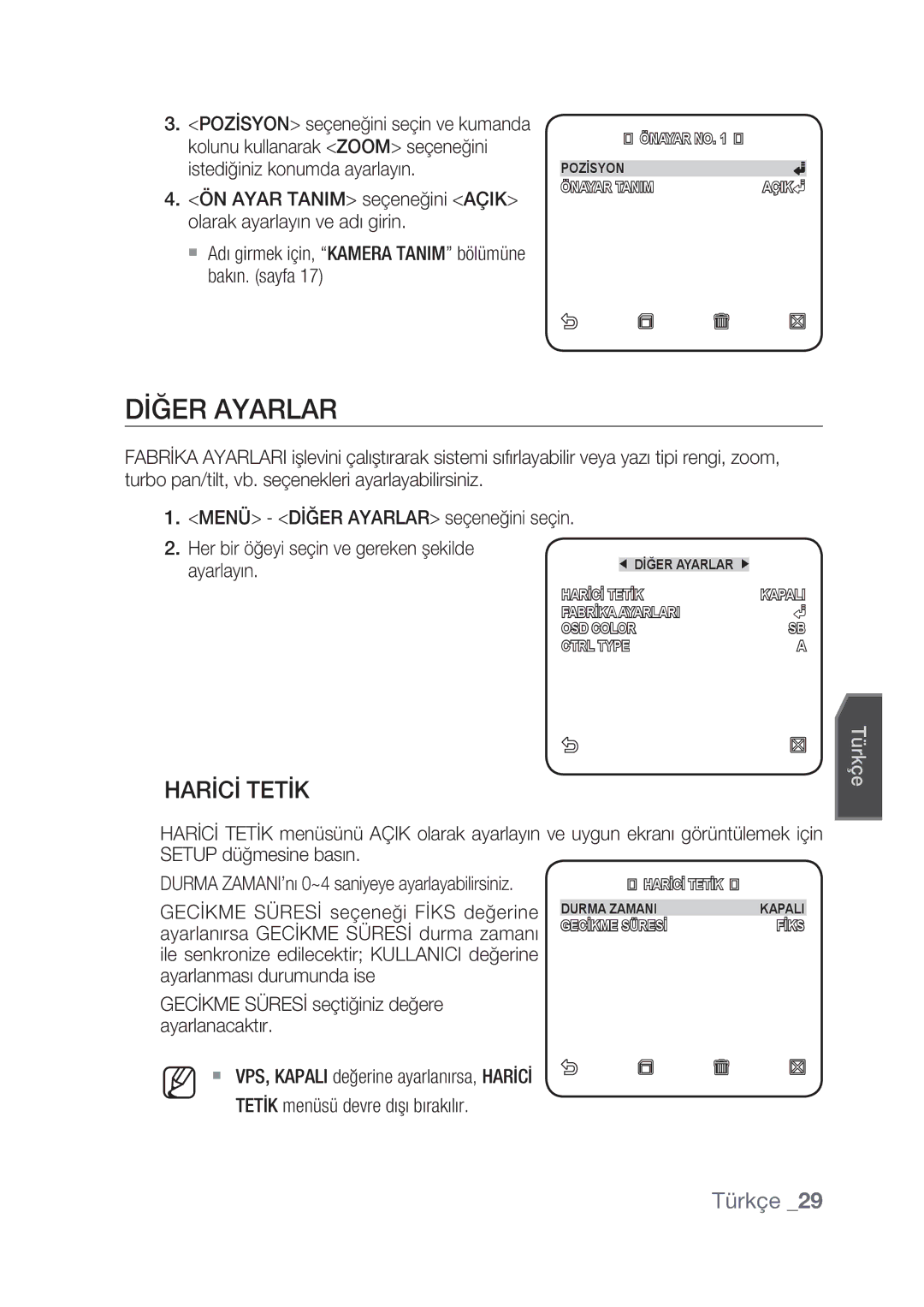 Samsung SCC-C4239P, SCC-C4237P manual Dİğer Ayarlar, Harİcİ Tetİk, Gecİkme Süresİ seçtiğiniz değere ayarlanacaktır 