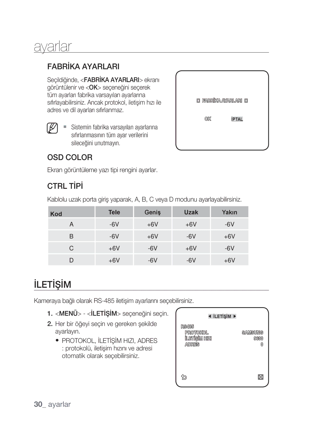 Samsung SCC-C4237P, SCC-C4239P manual İletİşİm, Fabrİka Ayarlari, Ctrl Tİpİ, Ekran görüntüleme yazı tipi rengini ayarlar 