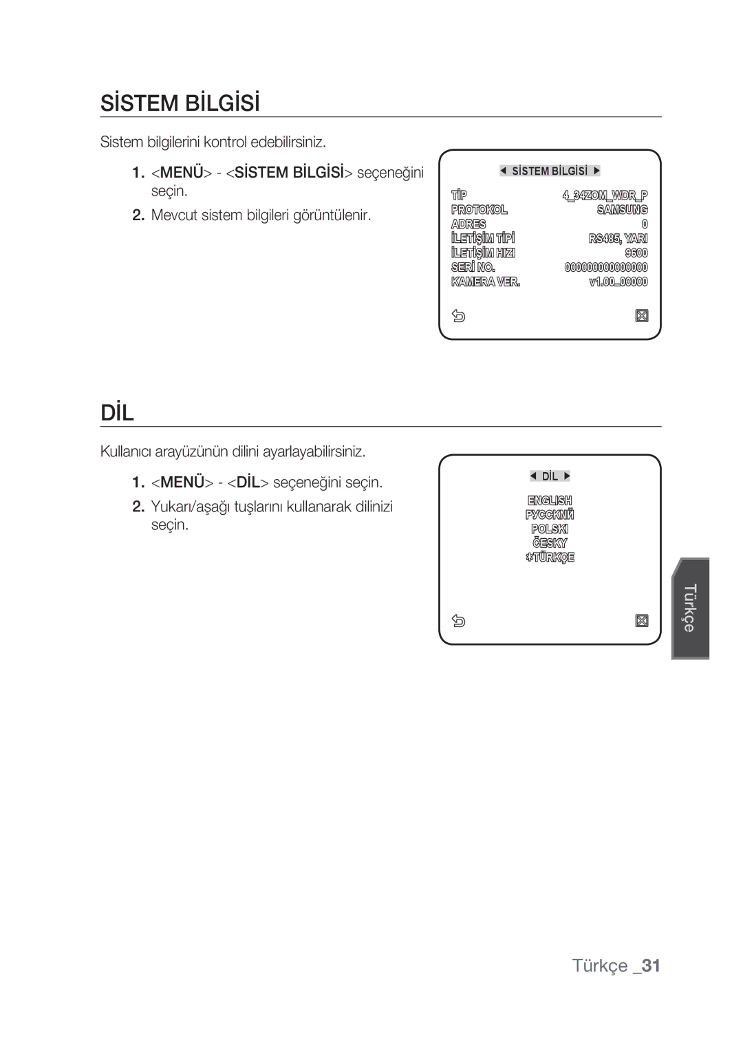 Samsung SCC-C4239P, SCC-C4237P manual Sİstem Bİlgİsİ, Dil 