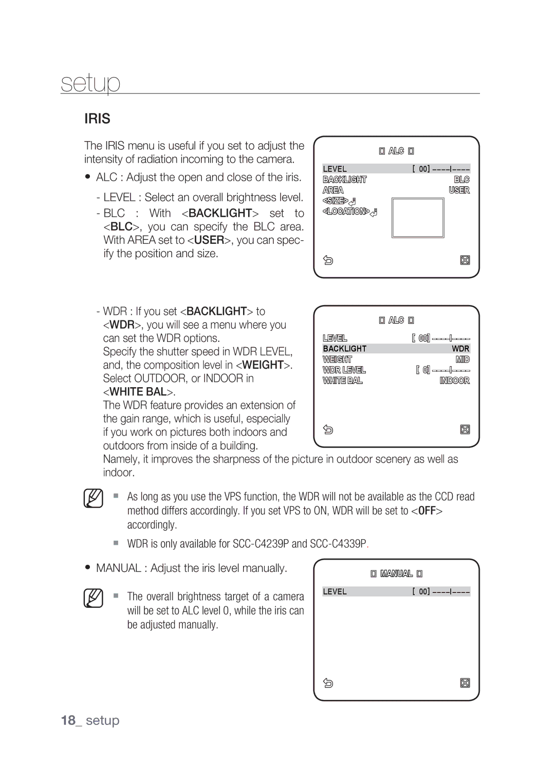 Samsung SCC-C4239P, SCC-C4237P Iris, WDR If you set Backlight to, Be adjusted manually 