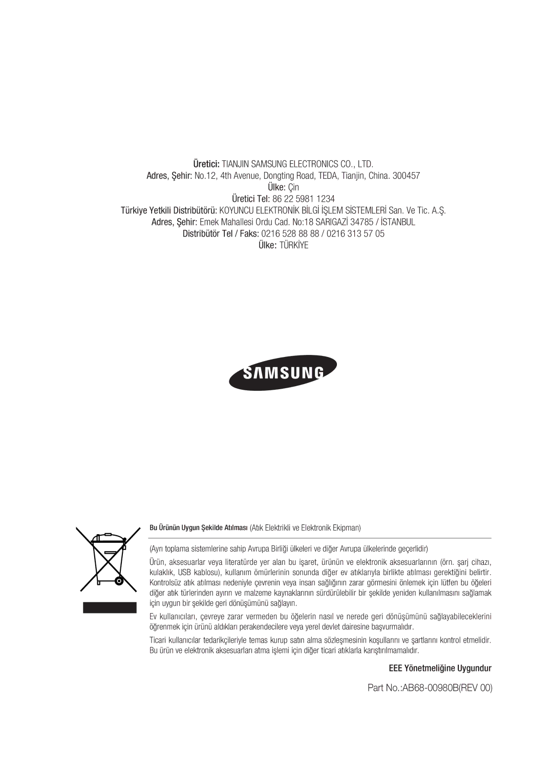 Samsung SCC-C4239P, SCC-C4237P manual Part No.AB68-00980BREV 