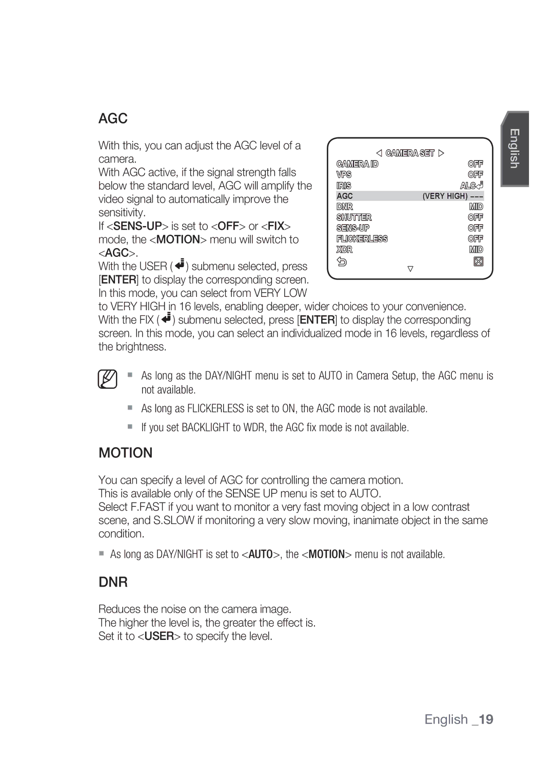 Samsung SCC-C4237P, SCC-C4239P manual Agc, Motion, Dnr 