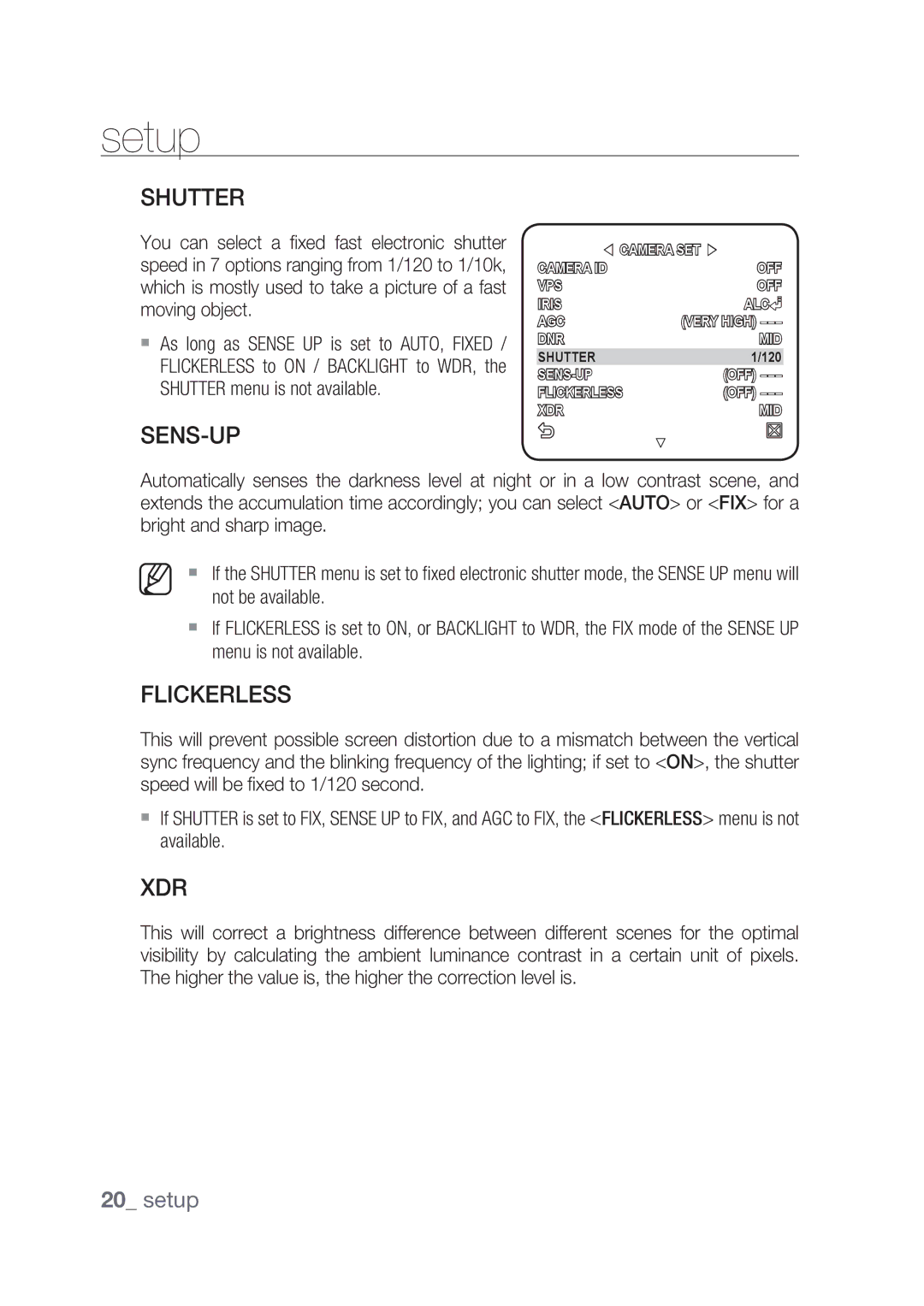 Samsung SCC-C4239P, SCC-C4237P manual Shutter, Sens-Up, Flickerless, Xdr 