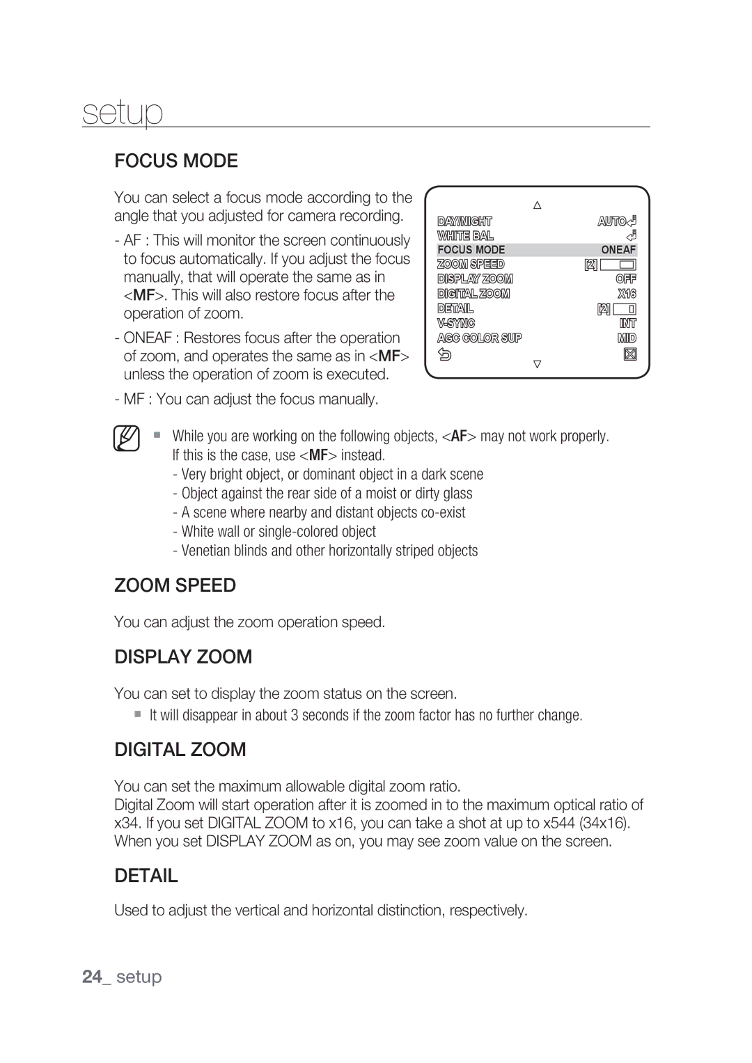 Samsung SCC-C4239P, SCC-C4237P manual Focus Mode, Zoom Speed, Display Zoom, Digital Zoom, Detail 