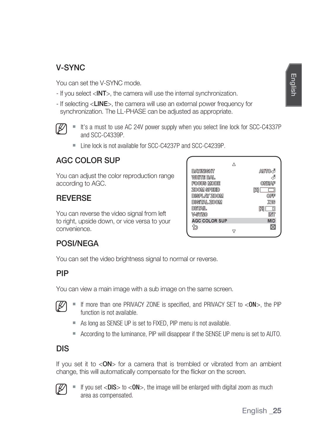 Samsung SCC-C4237P, SCC-C4239P manual Sync, AGC Color SUP, Reverse, Posi/Nega, Pip, Dis 