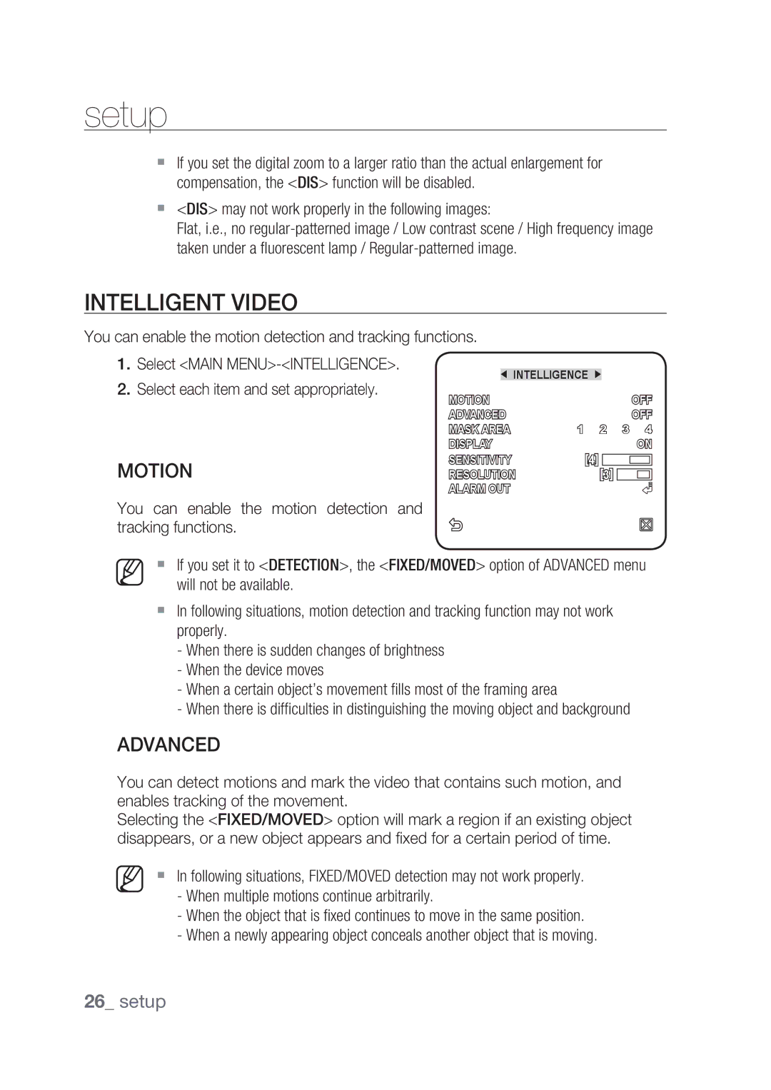 Samsung SCC-C4239P, SCC-C4237P manual Intelligent Video, Advanced,  DIS may not work properly in the following images 