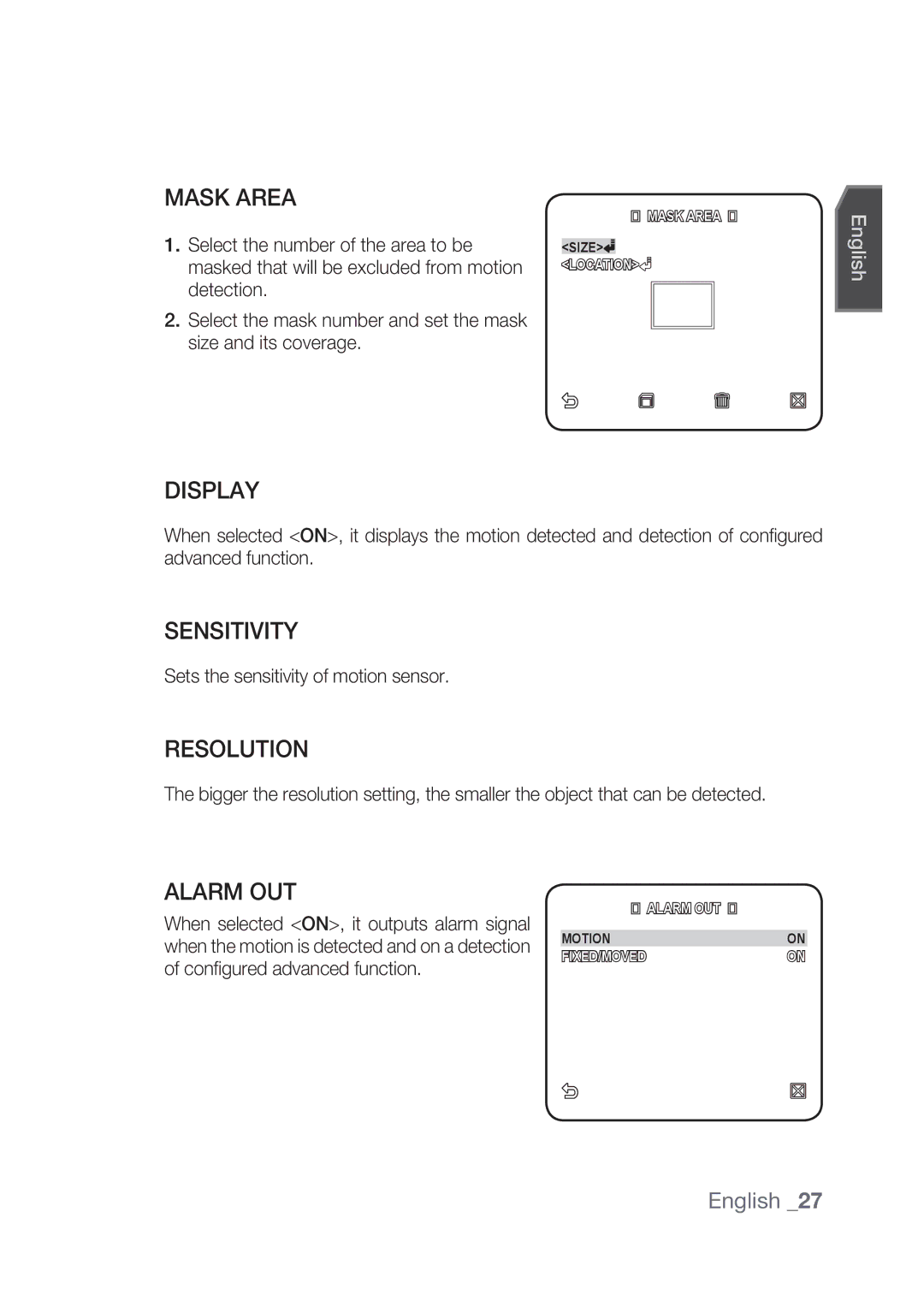 Samsung SCC-C4237P, SCC-C4239P manual Mask Area, Display, Sensitivity, Resolution, Alarm OUT 