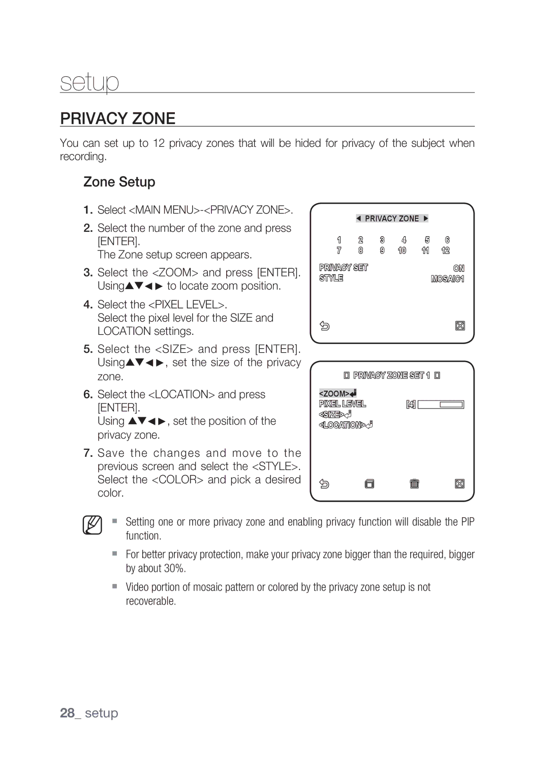 Samsung SCC-C4239P, SCC-C4237P manual Privacy Zone, Zone Setup 