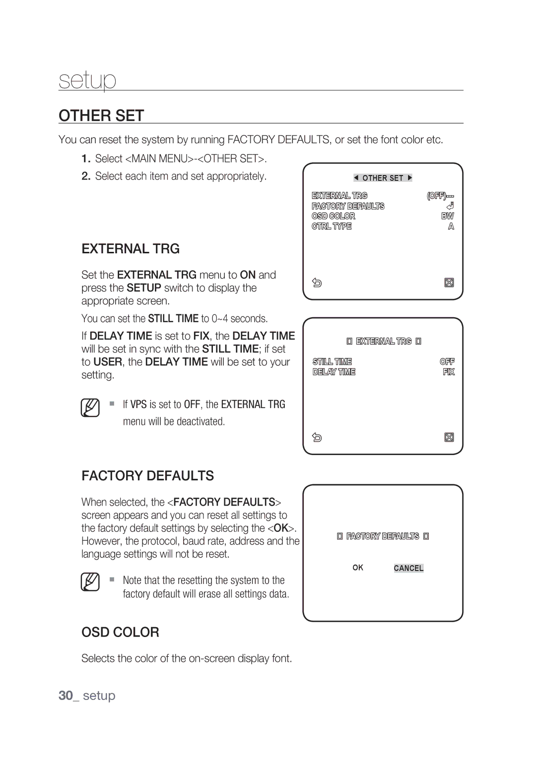 Samsung SCC-C4239P Other SET, External TRG, Factory Defaults, OSD Color, Selects the color of the on-screen display font 