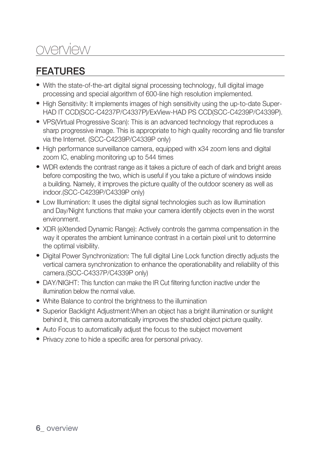 Samsung SCC-C4239P, SCC-C4237P manual Features, Privacy zone to hide a speciﬁ c area for personal privacy 