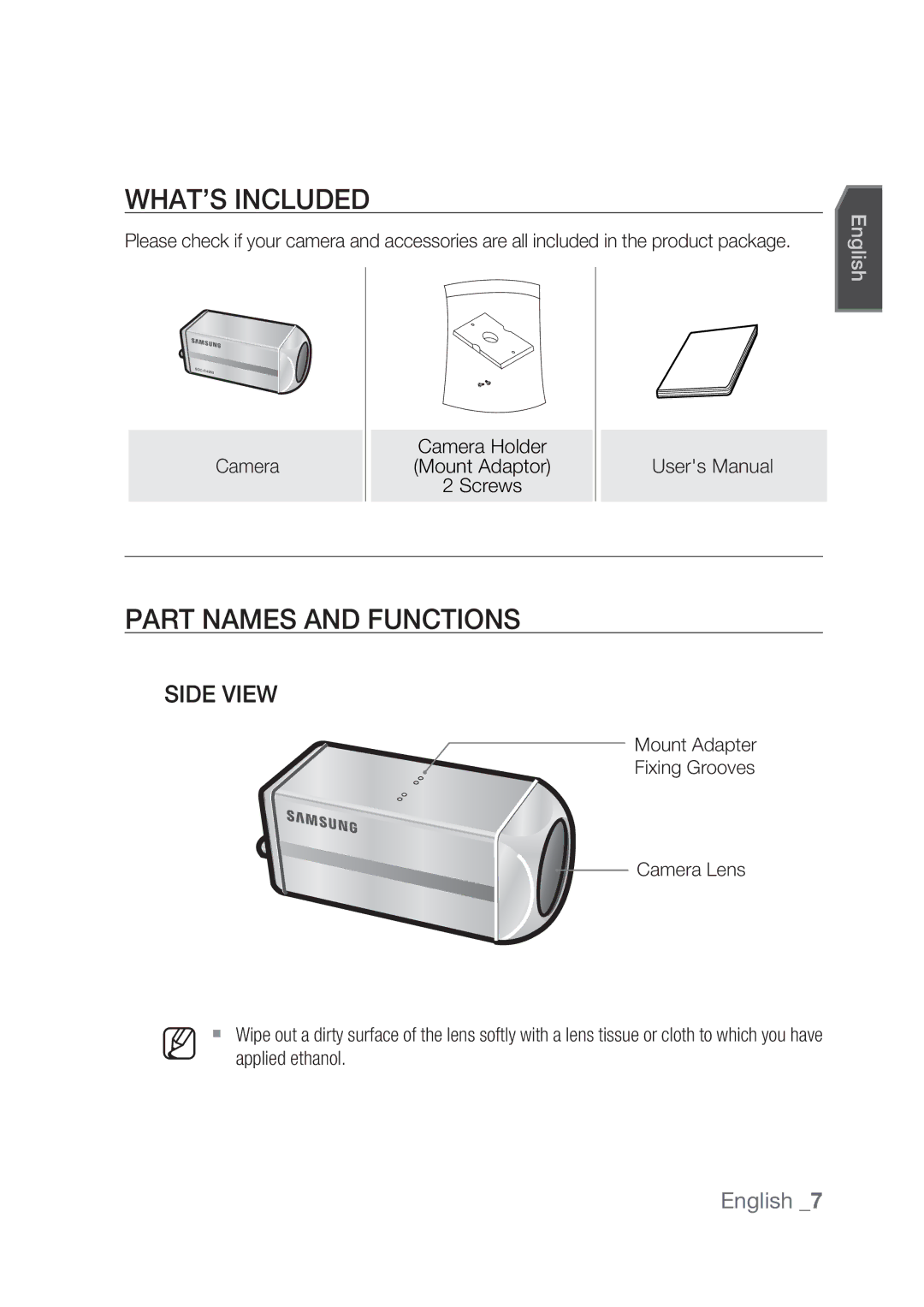 Samsung SCC-C4237P, SCC-C4239P manual WHAT’S Included, Part Names and Functions, Side View, Camera 