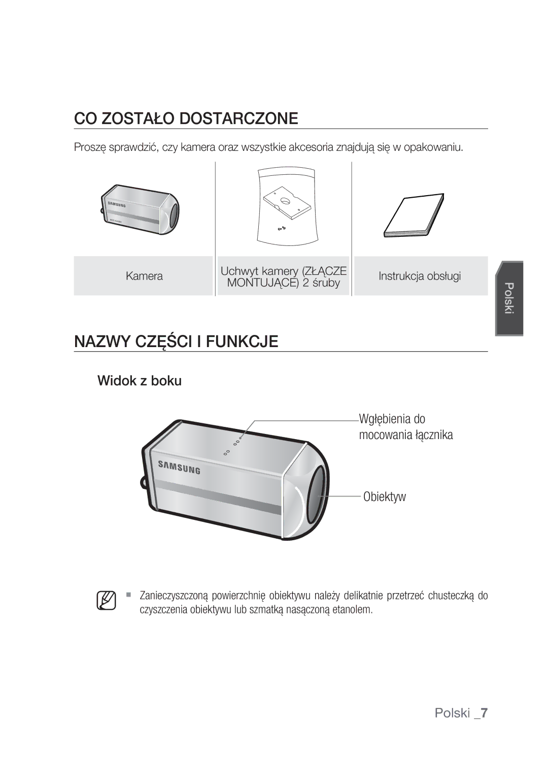 Samsung SCC-C4237P, SCC-C4239P manual CO Zostało Dostarczone, Nazwy Części I Funkcje, Widok z boku 