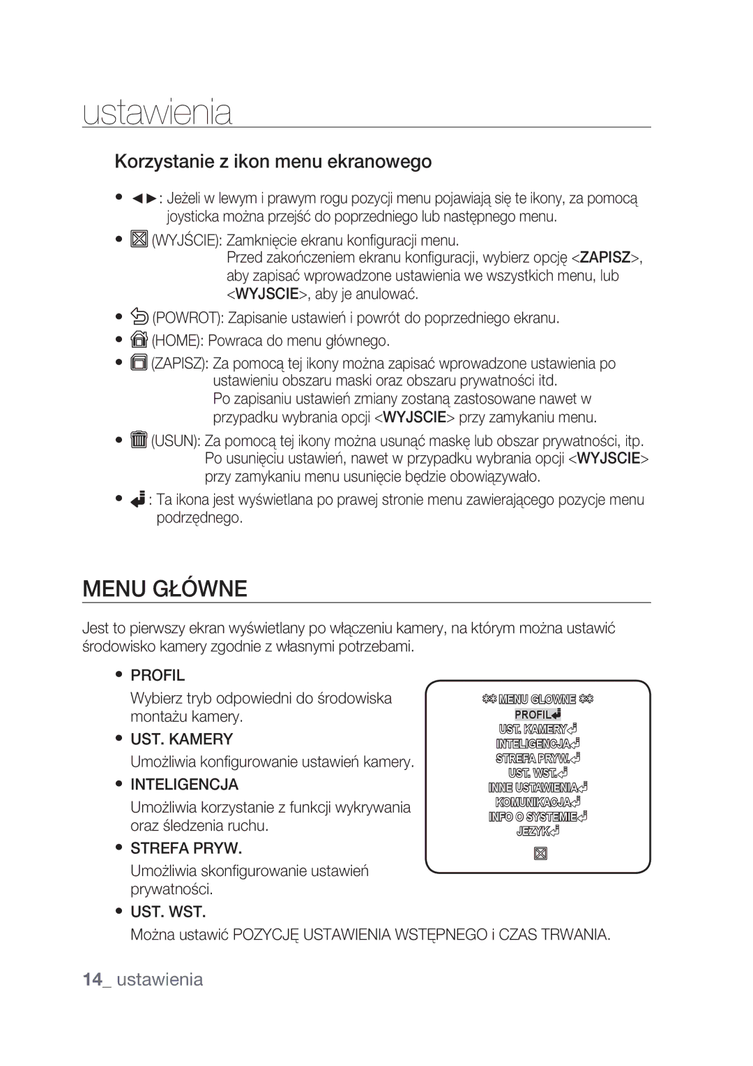 Samsung SCC-C4239P, SCC-C4237P manual Ustawienia, Menu Główne, Korzystanie z ikon menu ekranowego 