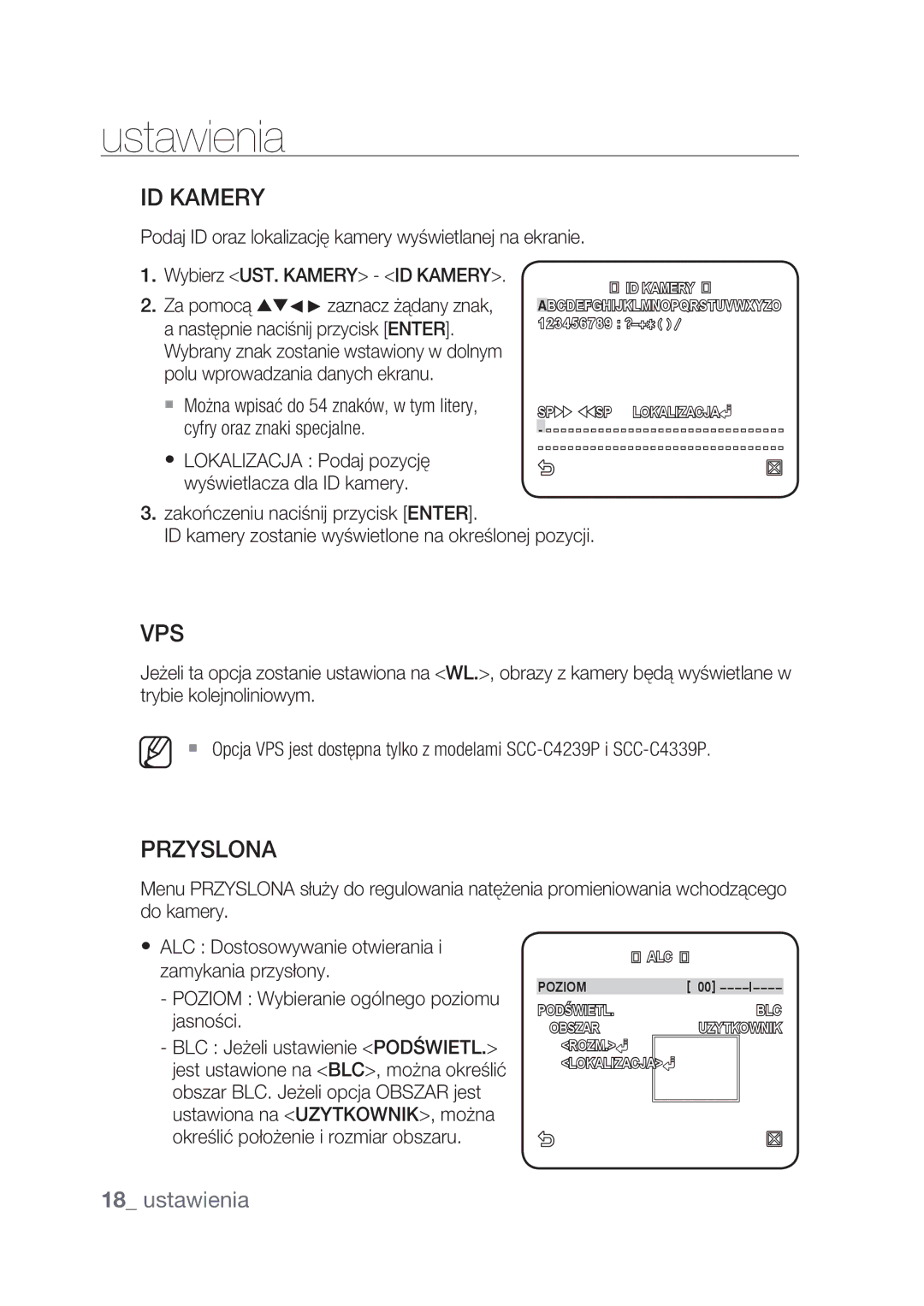 Samsung SCC-C4239P, SCC-C4237P manual ID Kamery, Przyslona, Poziom Wybieranie ogólnego poziomu jasności 