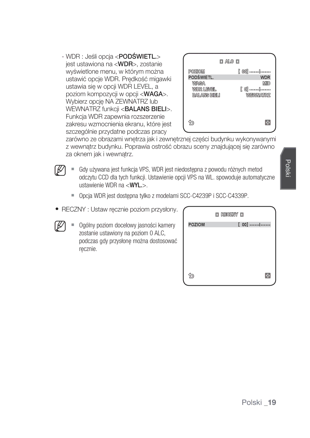 Samsung SCC-C4237P, SCC-C4239P manual Reczny Ustaw ręcznie poziom przysłony 