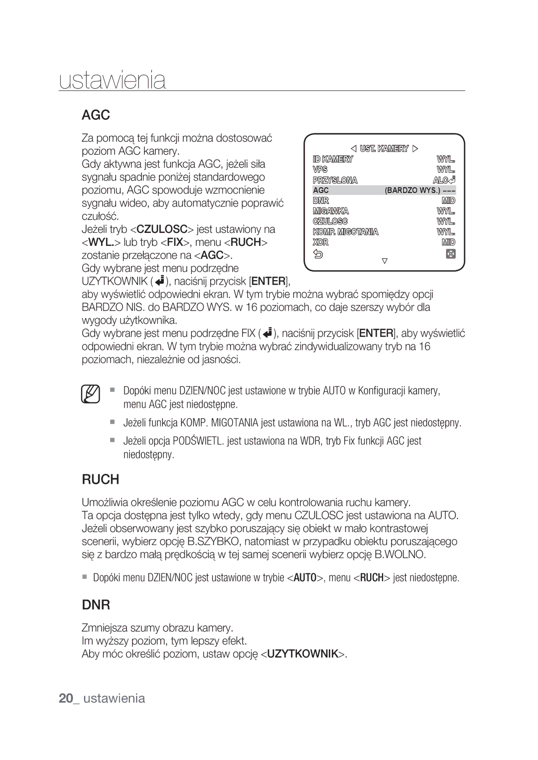 Samsung SCC-C4239P, SCC-C4237P manual Ruch, Czułość 