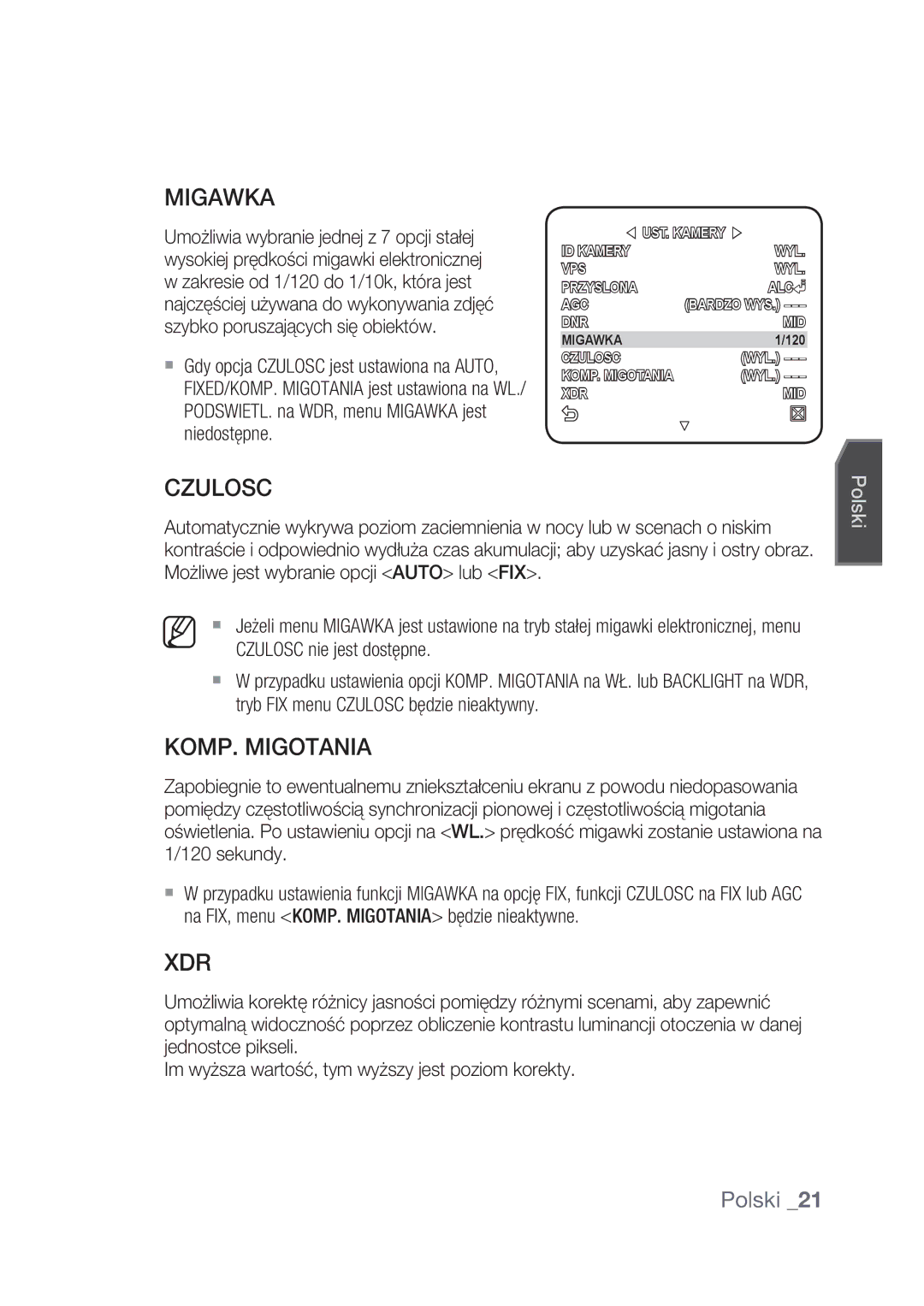 Samsung SCC-C4237P, SCC-C4239P manual Migawka, Czulosc, KOMP. Migotania 