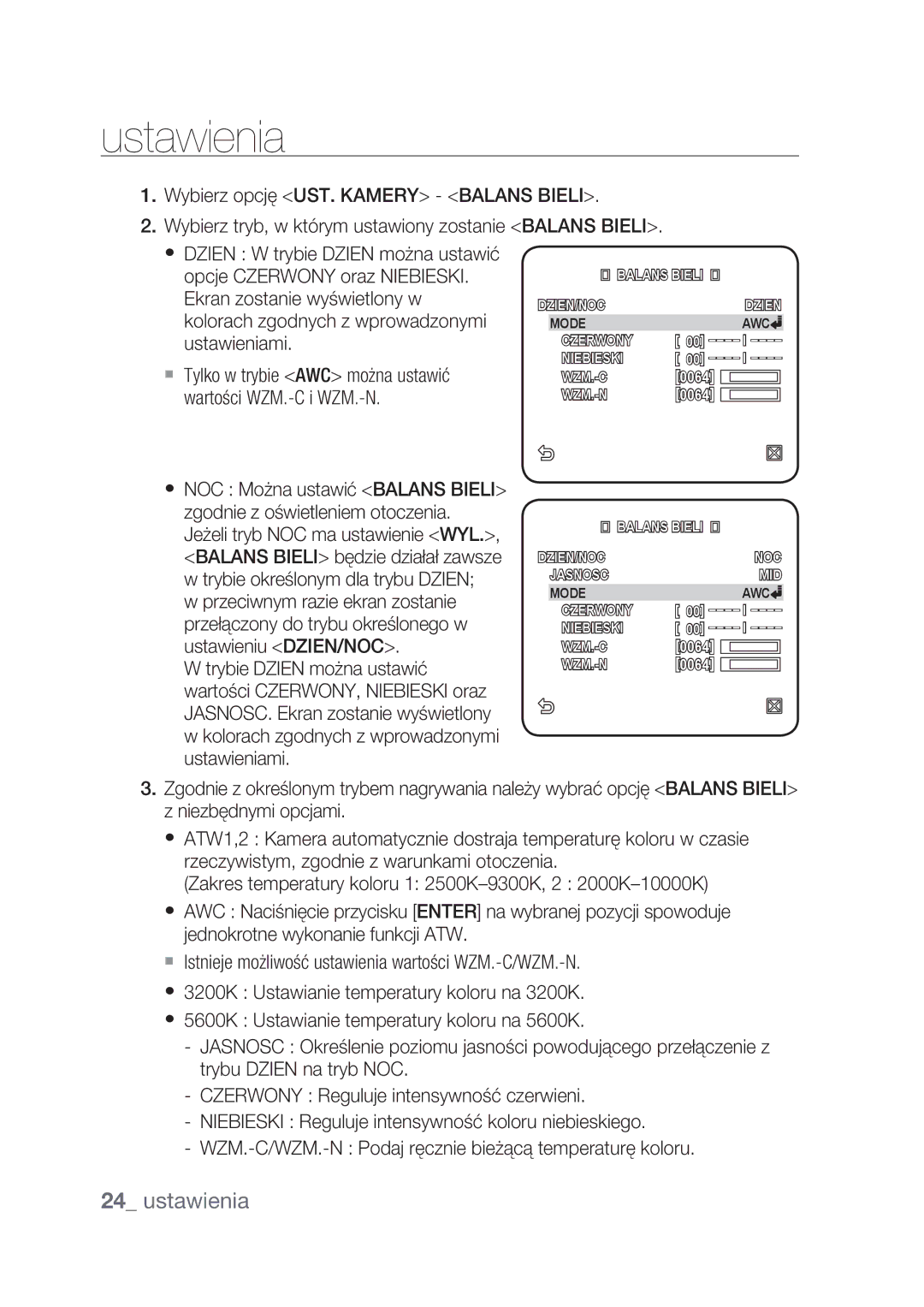 Samsung SCC-C4239P, SCC-C4237P manual  Tylko w trybie AWC można ustawić wartości WZM.-C i WZM.-N 