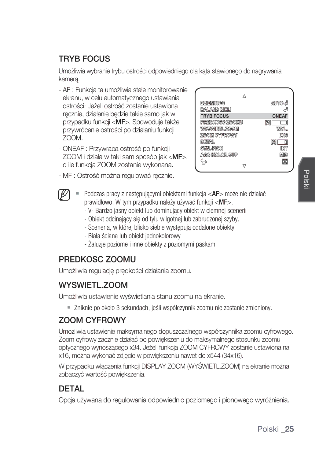 Samsung SCC-C4237P, SCC-C4239P manual Tryb Focus, Predkosc Zoomu, Wyswietl.Zoom, Zoom Cyfrowy, Detal 