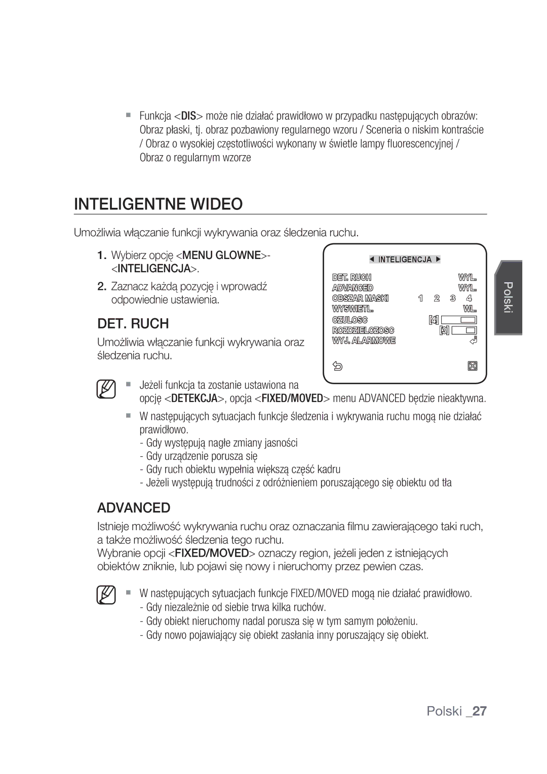 Samsung SCC-C4237P, SCC-C4239P manual Inteligentne Wideo, Umożliwia włączanie funkcji wykrywania oraz śledzenia ruchu 