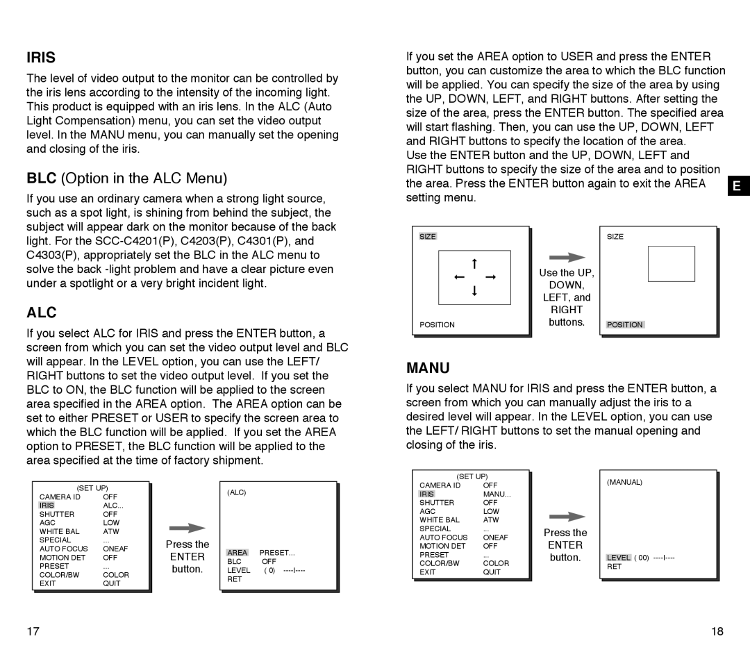 Samsung SCC-C4303AP, SCC-C4203AP manual Iris, Alc, Manu 