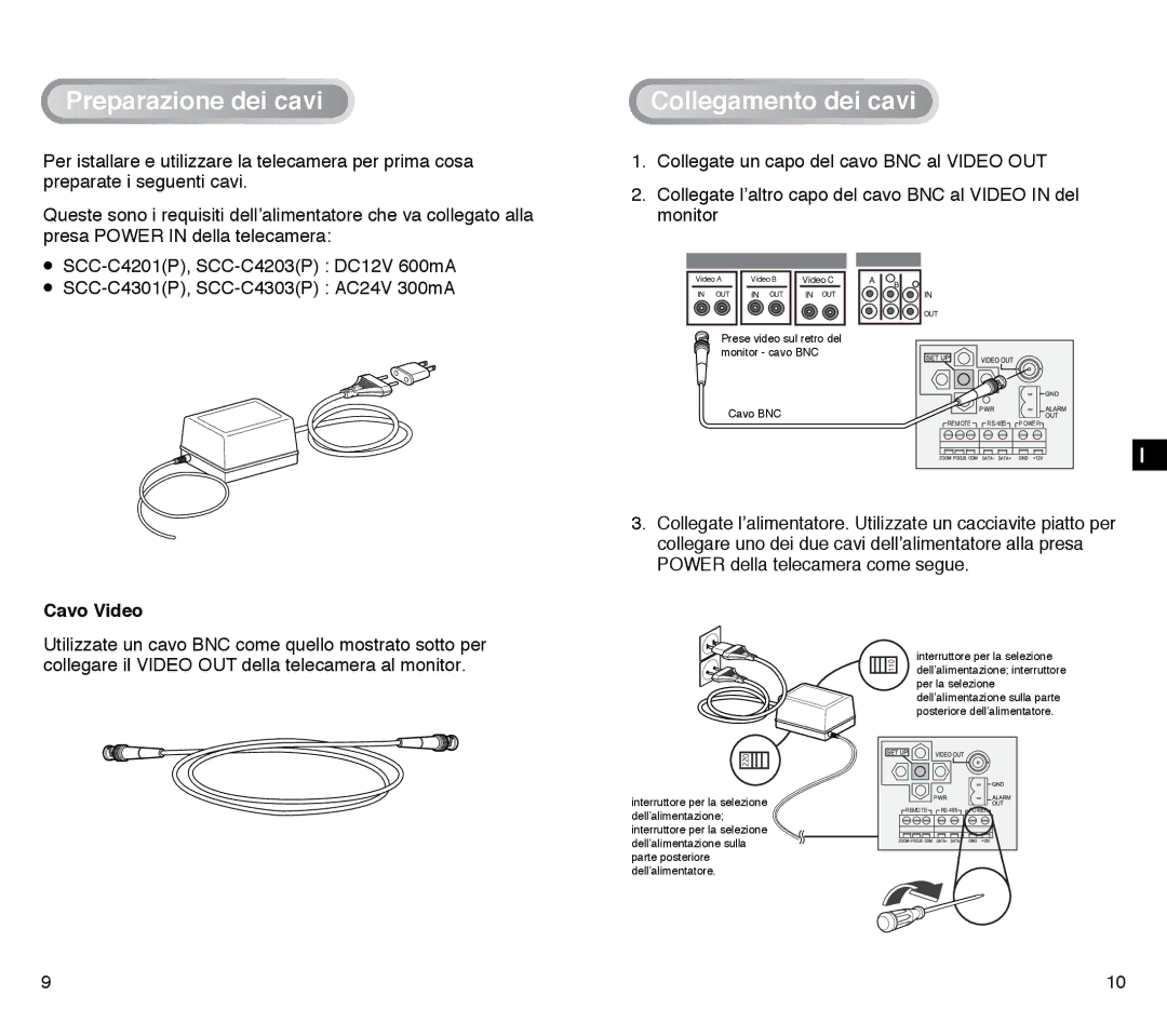 Samsung SCC-C4203AP, SCC-C4303AP manual Preparazione dei cavi, Collegamento dei cavi, Cavo Video 