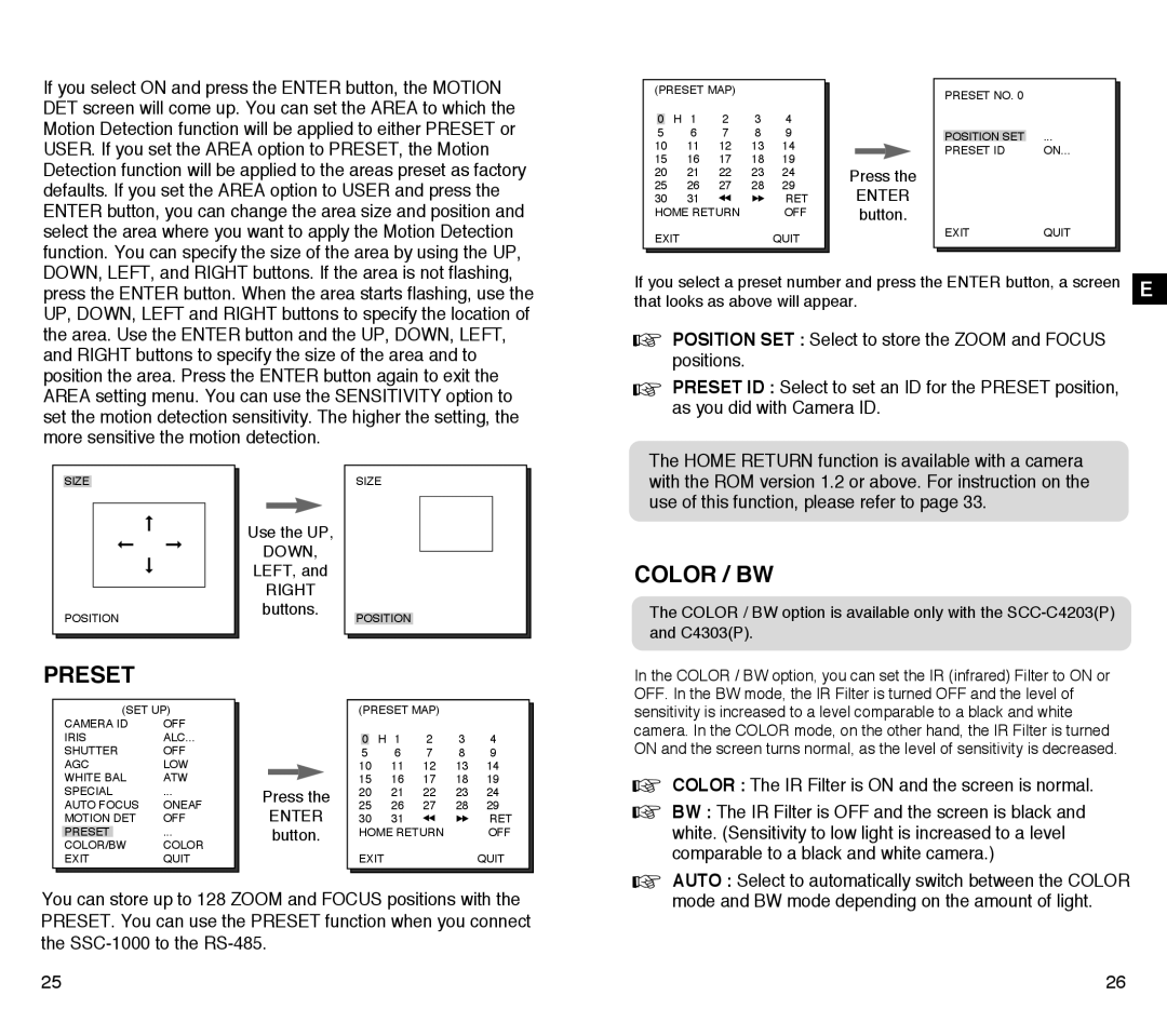 Samsung SCC-C4303AP, SCC-C4203AP manual Color / BW, Preset 