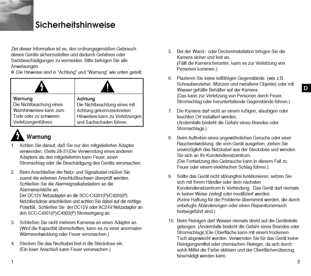 Samsung SCC-C4203AP, SCC-C4303AP manual Sicherheitshinweise, Warnung, Achtung 