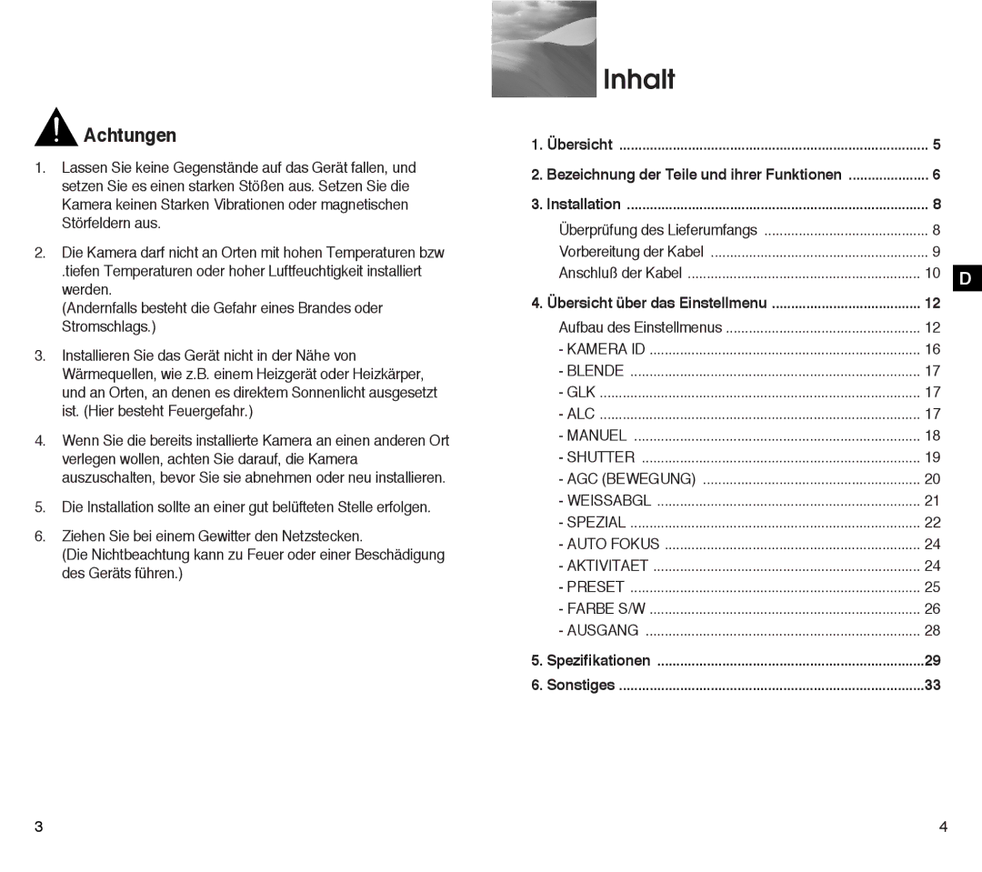 Samsung SCC-C4303AP, SCC-C4203AP manual Inhalt, Anschluß der Kabel, Bezeichnung der Teile und ihrer Funktionen 