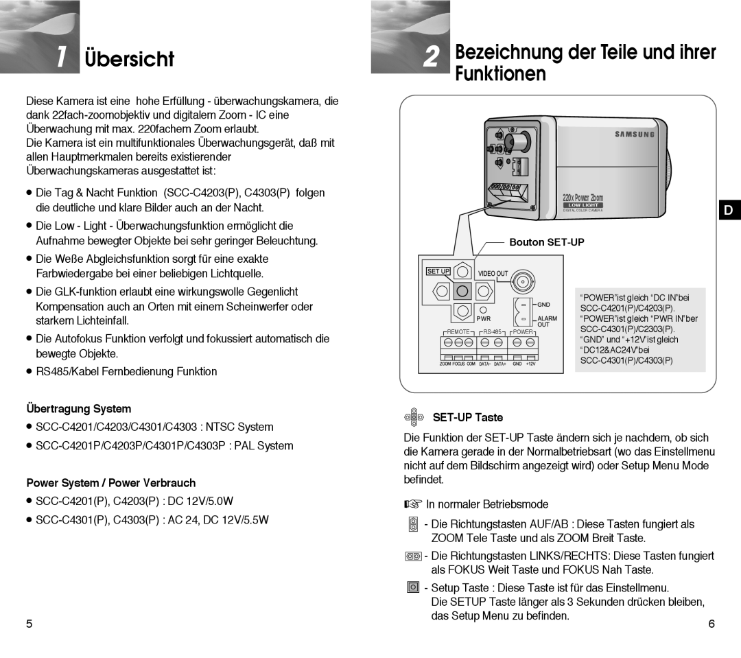 Samsung SCC-C4203AP, SCC-C4303AP Übersicht, Funktionen, Übertragung System, Power System / Power Verbrauch, SET-UP Taste 