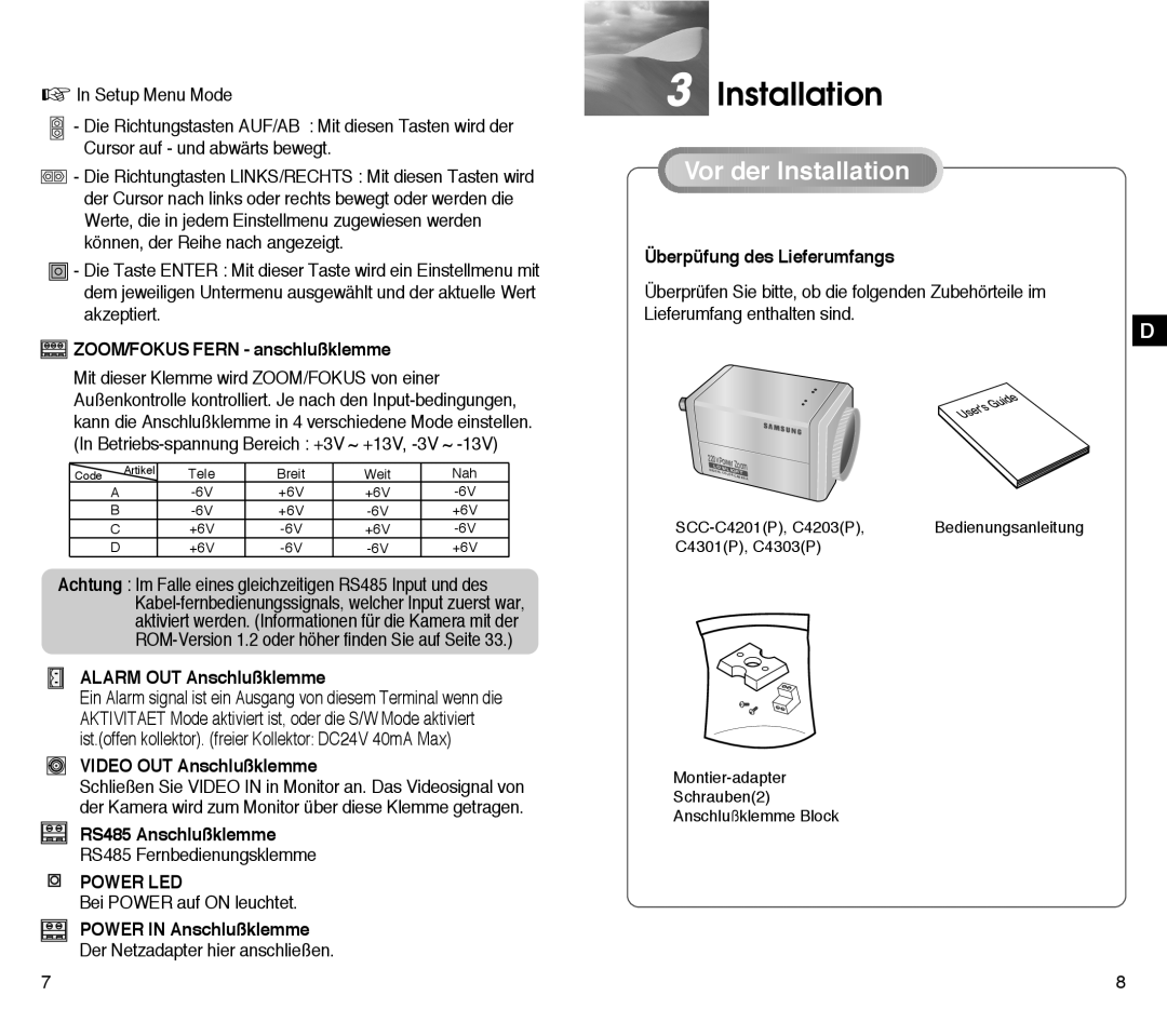 Samsung SCC-C4303AP, SCC-C4203AP manual Vor der Installation 