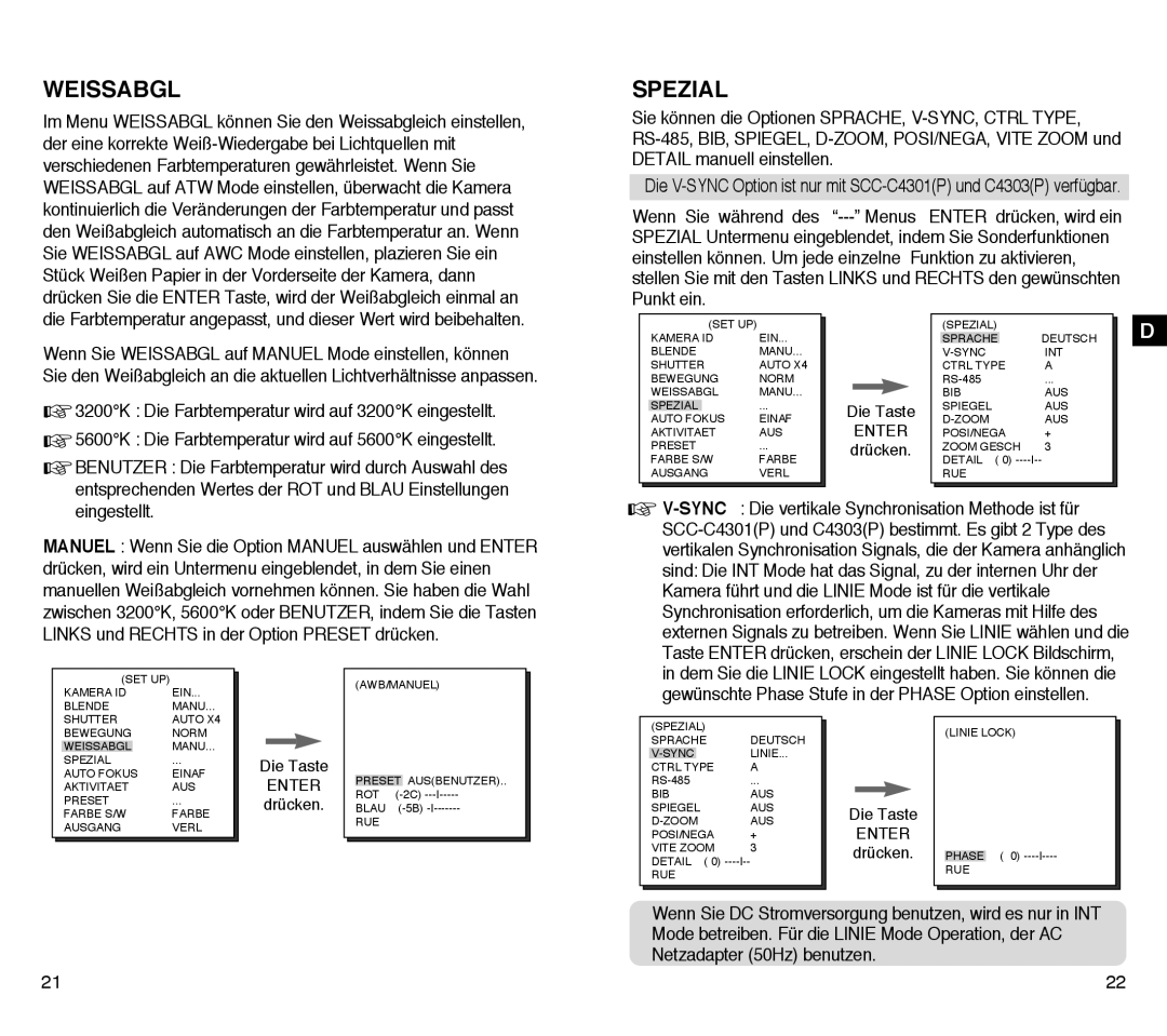 Samsung SCC-C4203AP, SCC-C4303AP manual Weissabgl, Spezial, Sync Die vertikale Synchronisation Methode ist für 