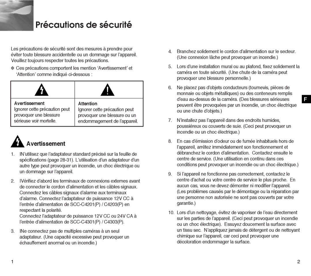 Samsung SCC-C4303AP, SCC-C4203AP manual Précautions de sécurité, Avertissement 