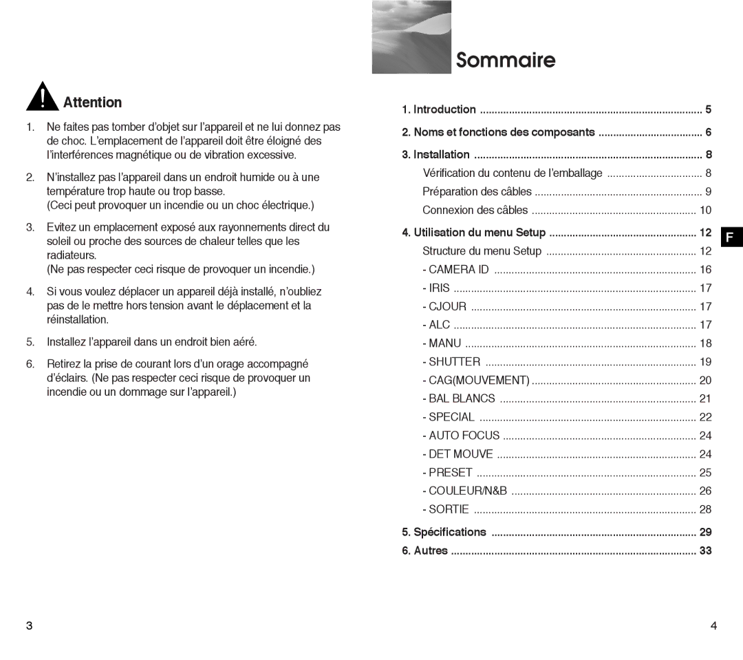 Samsung SCC-C4203AP, SCC-C4303AP manual Sommaire, Utilisation du menu Setup, Noms et fonctions des composants 