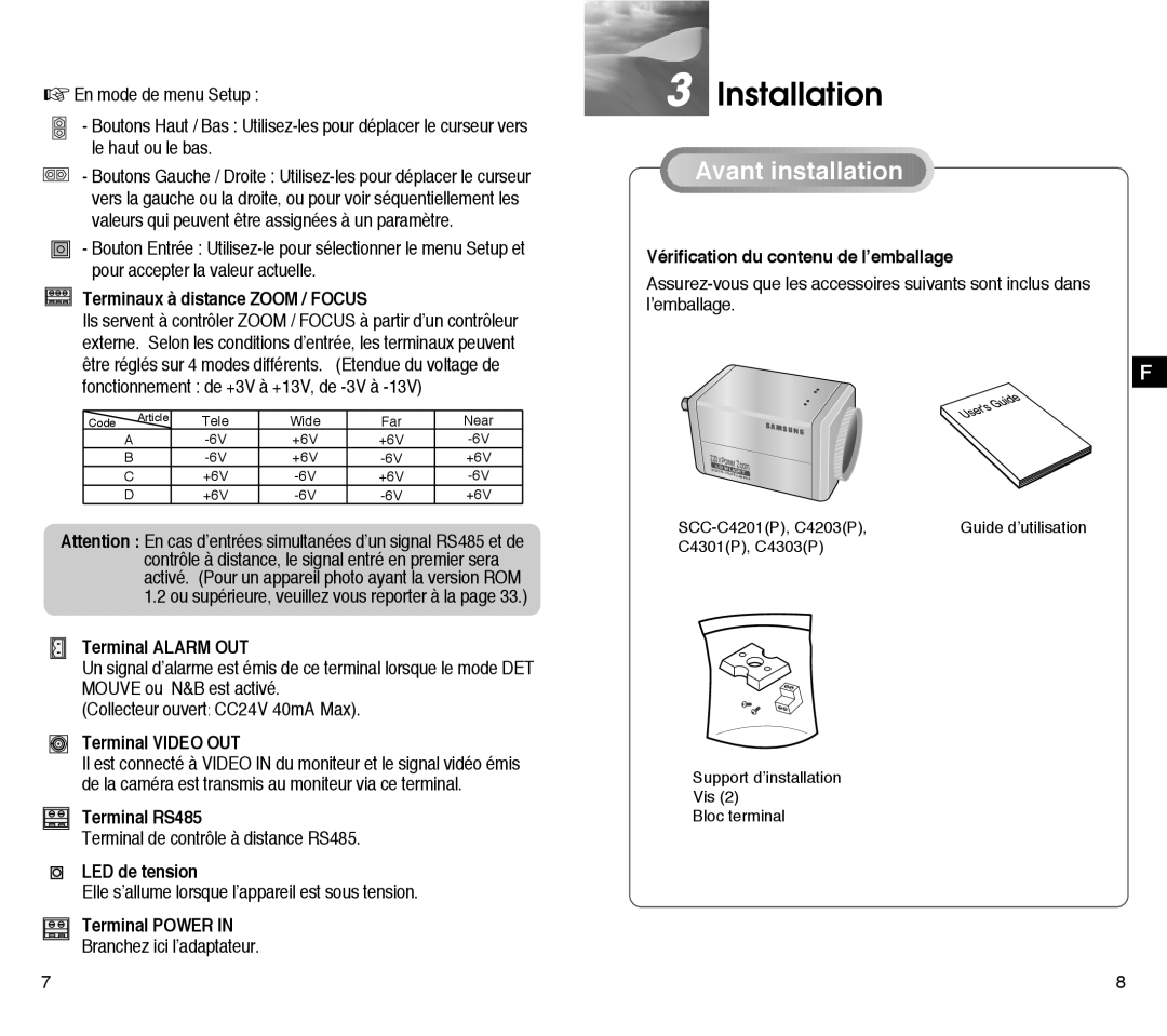 Samsung SCC-C4203AP, SCC-C4303AP manual Avant installation 