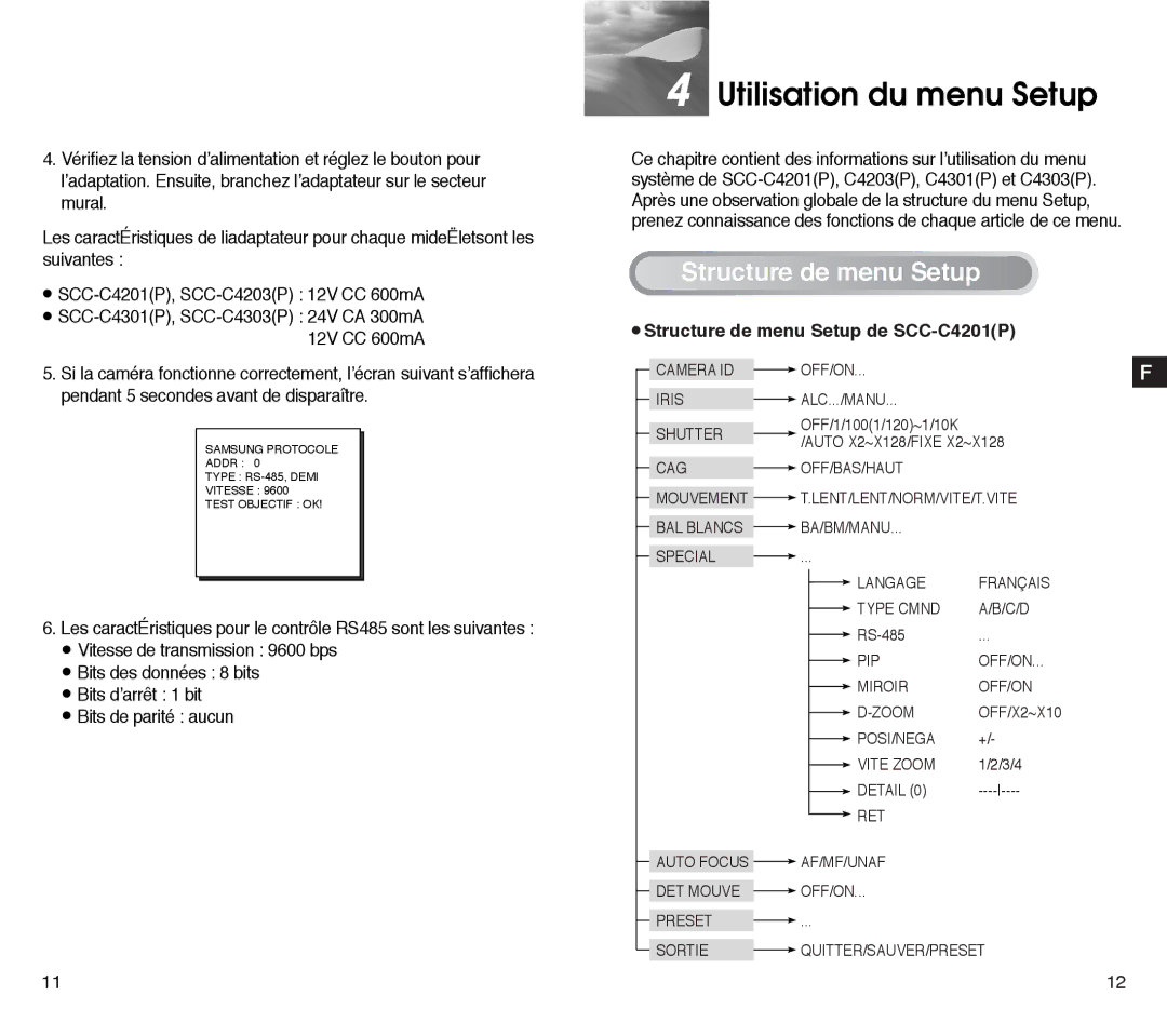 Samsung SCC-C4203AP, SCC-C4303AP manual Utilisation du menu Setup, Structure de menu Setup de SCC-C4201P 