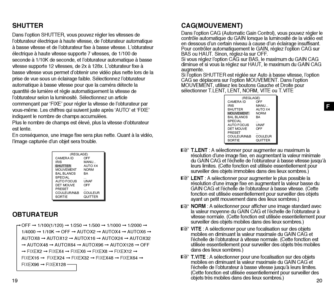 Samsung SCC-C4203AP, SCC-C4303AP manual Obturateur, Cagmouvement, Objets très mobiles dans des lieux sombres 