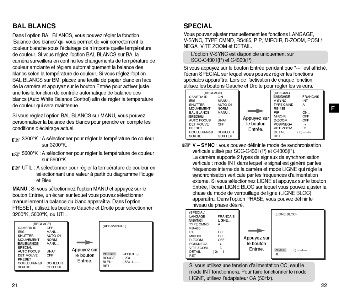 Samsung SCC-C4303AP, SCC-C4203AP manual BAL Blancs, Sur 3200K, Sur 5600K, Et Bleu, 3200K, 5600K, ou Util 