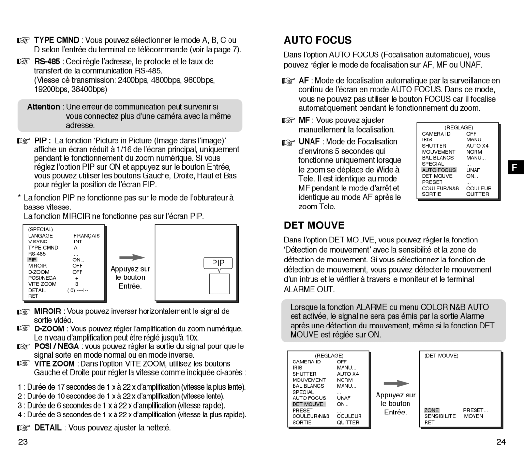 Samsung SCC-C4203AP, SCC-C4303AP manual DET Mouve, Vous connectez plus d’une caméra avec la même adresse, Sortie vidéo 