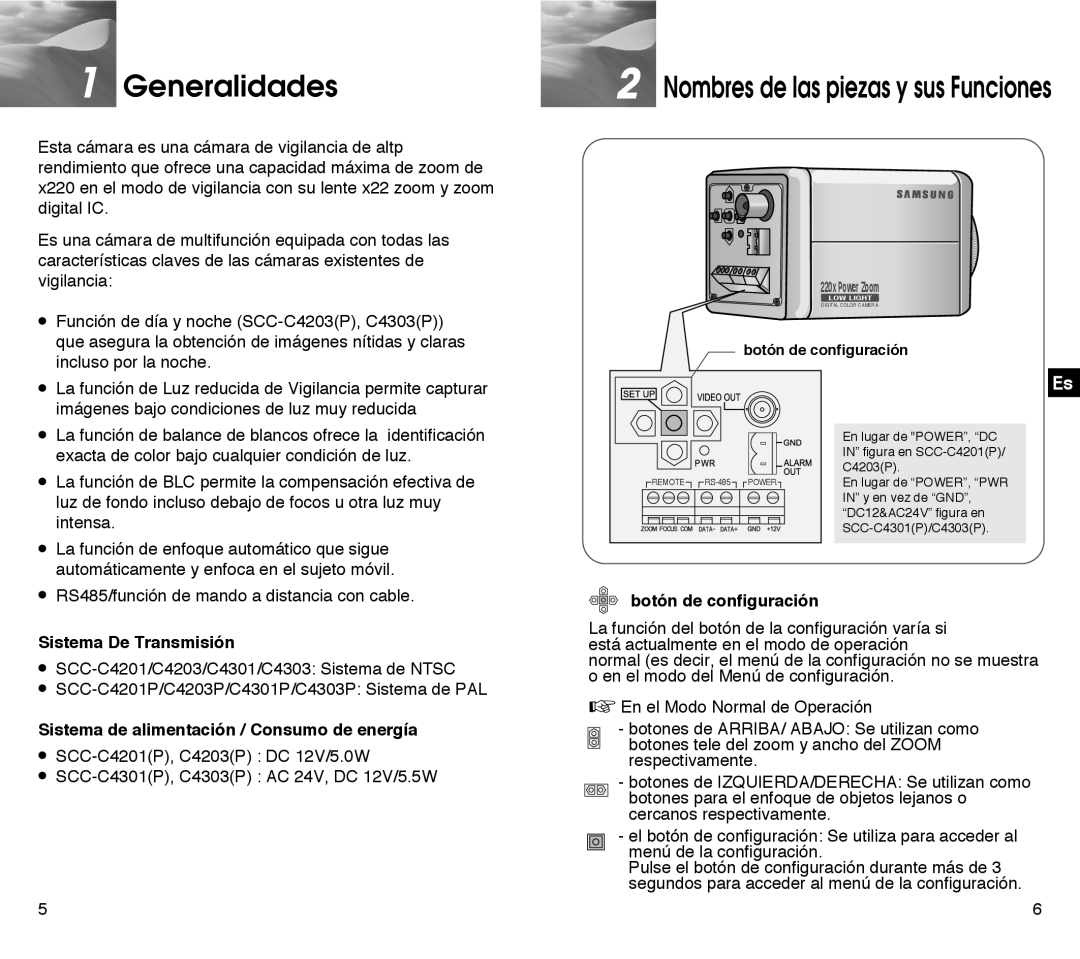 Samsung SCC-C4203AP, SCC-C4303AP manual Generalidades, Sistema De Transmisión, Sistema de alimentación / Consumo de energía 