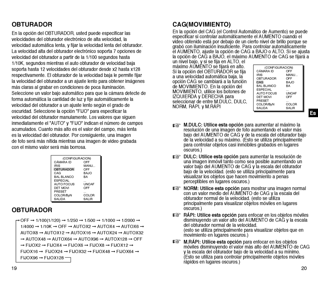 Samsung SCC-C4303AP, SCC-C4203AP manual Obturador, Cagmovimiento 